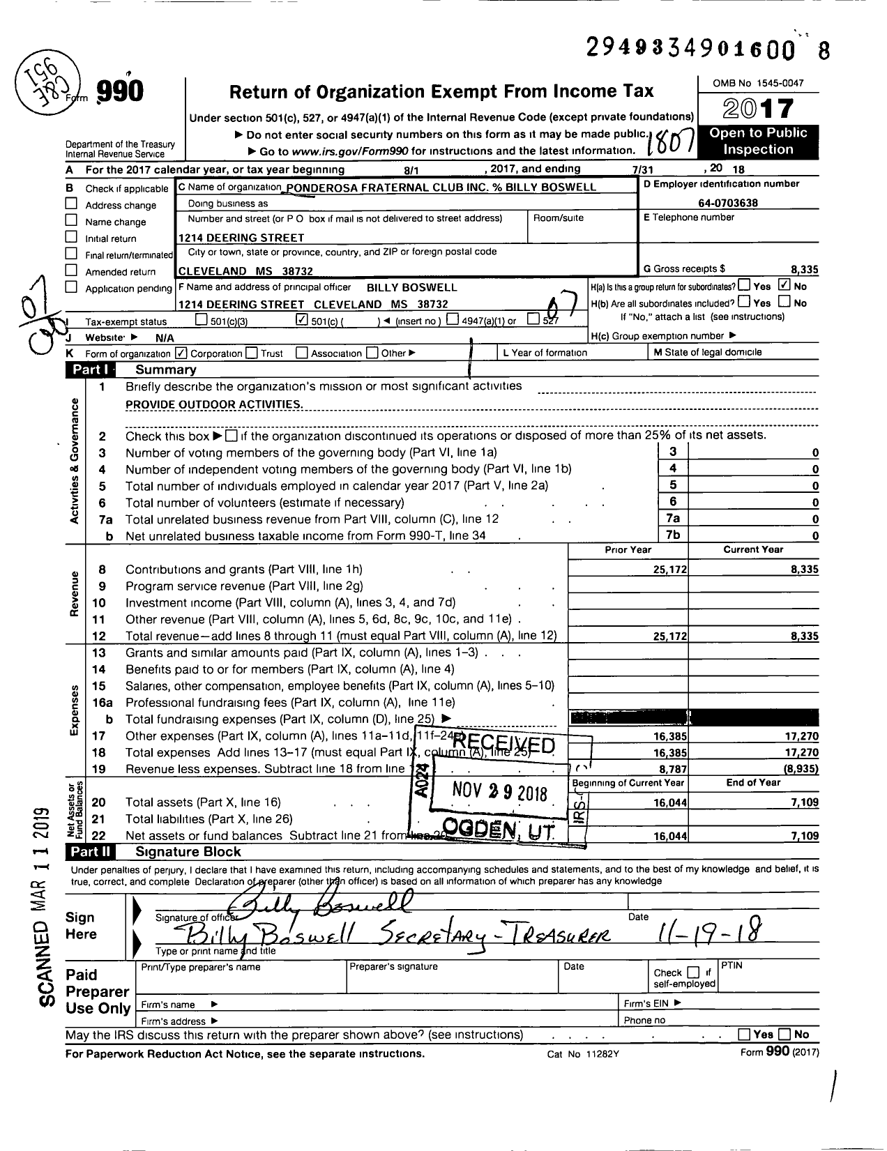 Image of first page of 2017 Form 990O for Ponderosa Fraternal Club