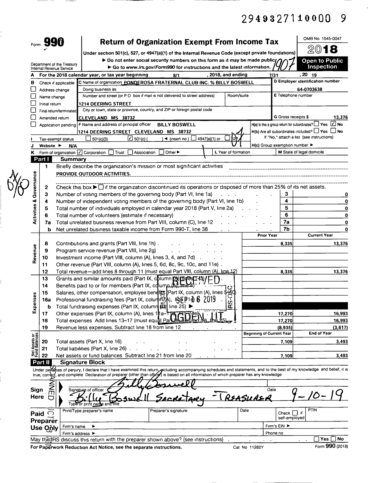 Image of first page of 2018 Form 990O for Ponderosa Fraternal Club