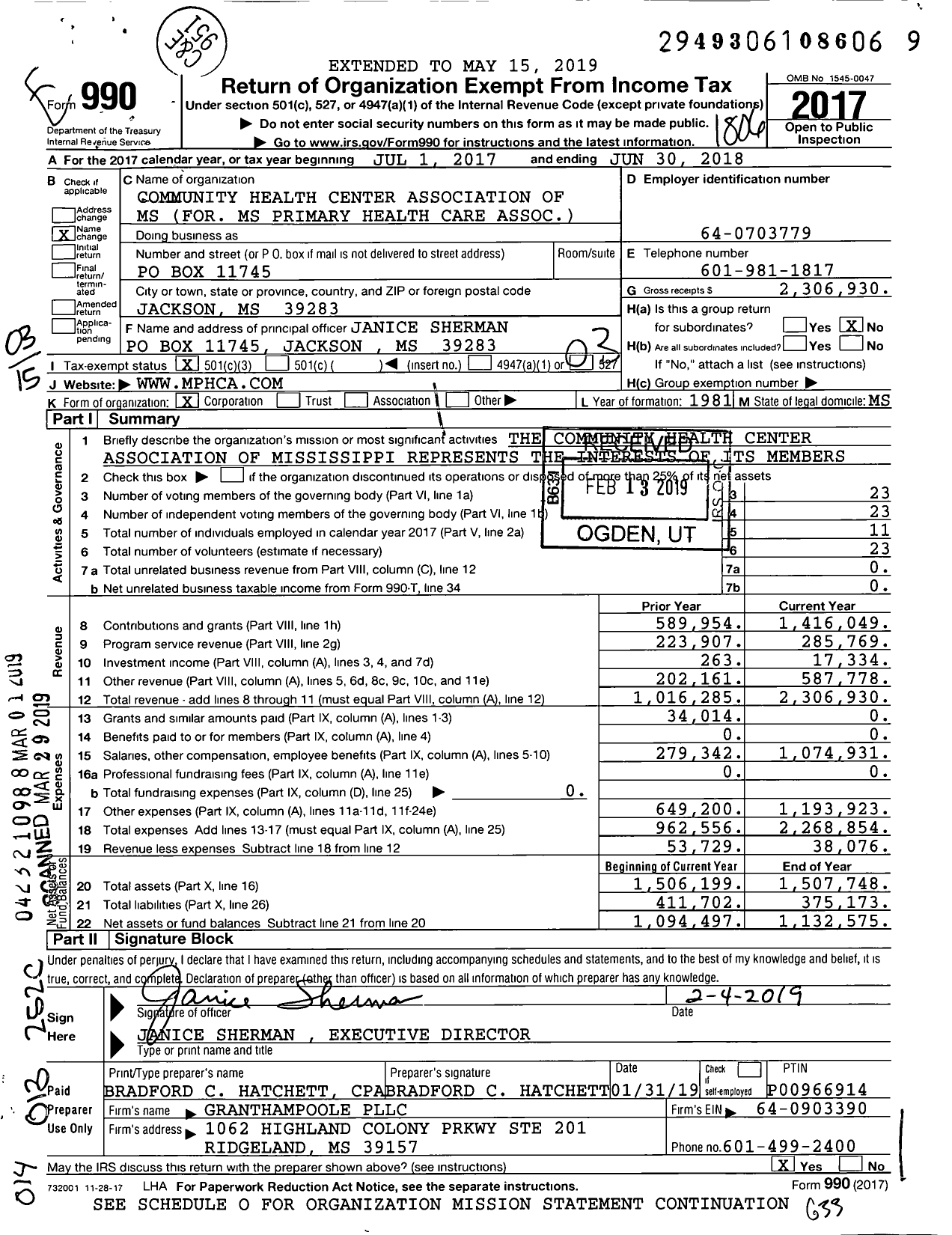 Image of first page of 2017 Form 990 for Community Health Center Association of MS (MPHCA)