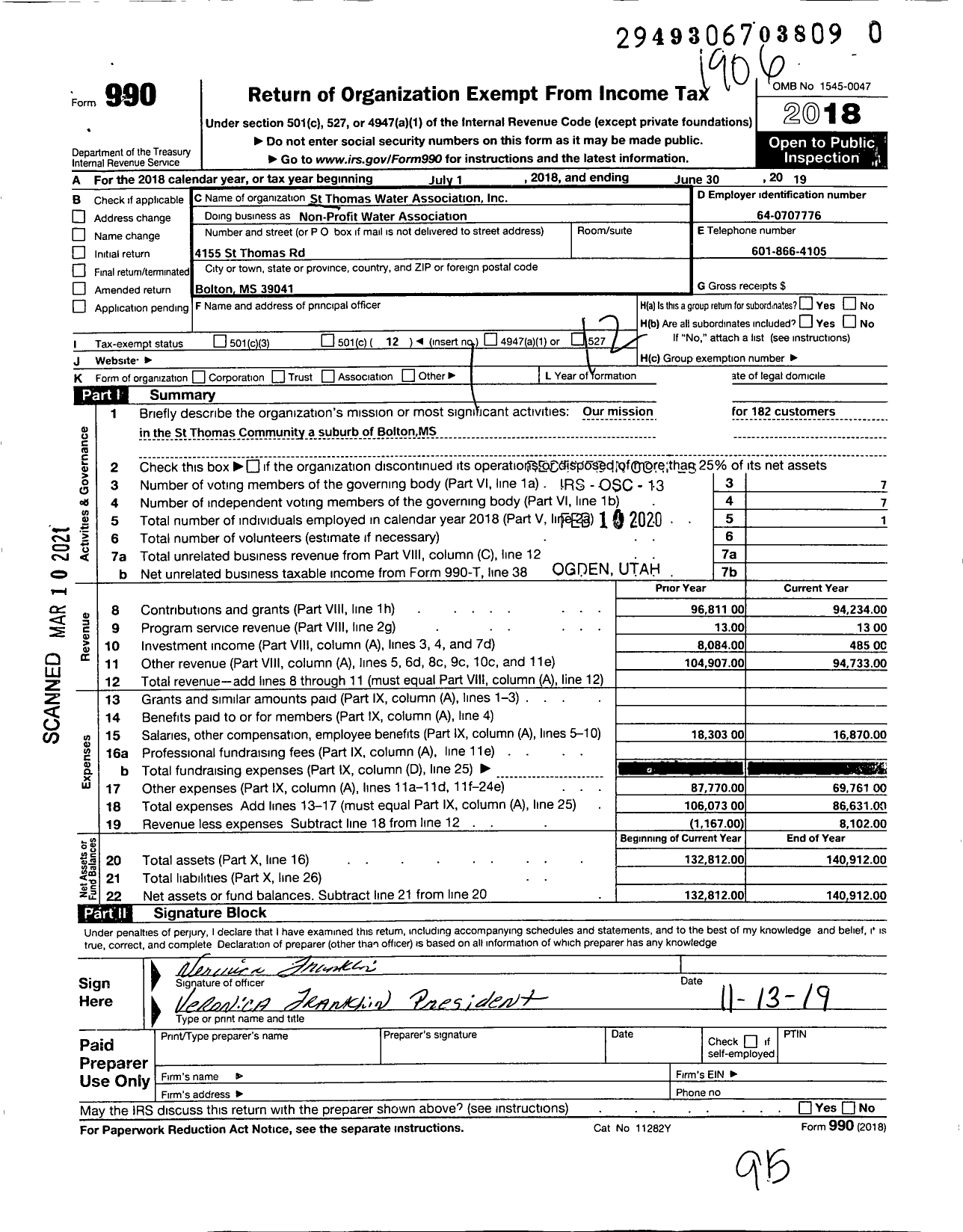 Image of first page of 2018 Form 990O for St Thomas Water Association