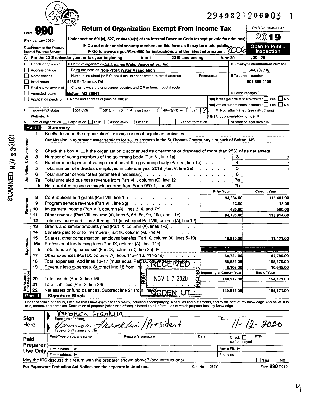 Image of first page of 2019 Form 990O for St Thomas Water Association