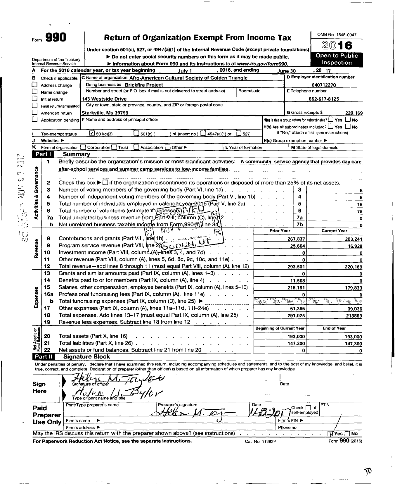 Image of first page of 2016 Form 990 for Afro-American Cultural Society of the Golden Triangle