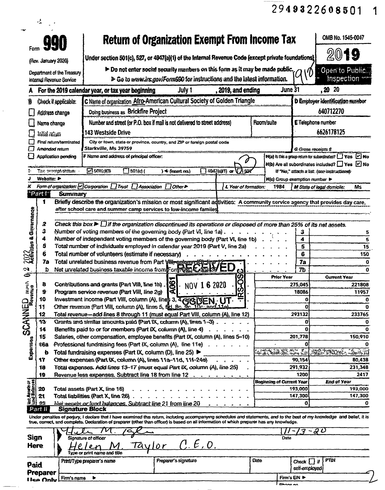 Image of first page of 2019 Form 990 for Afro-American Cultural Society of the Golden Triangle