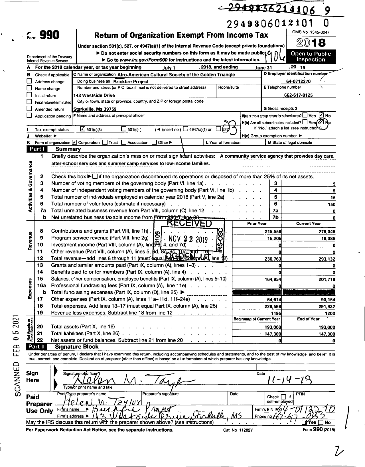 Image of first page of 2018 Form 990 for Afro-American Cultural Society of the Golden Triangle