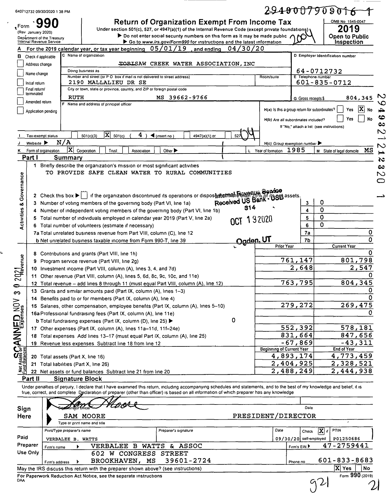 Image of first page of 2019 Form 990O for Topisaw Creek Water Association