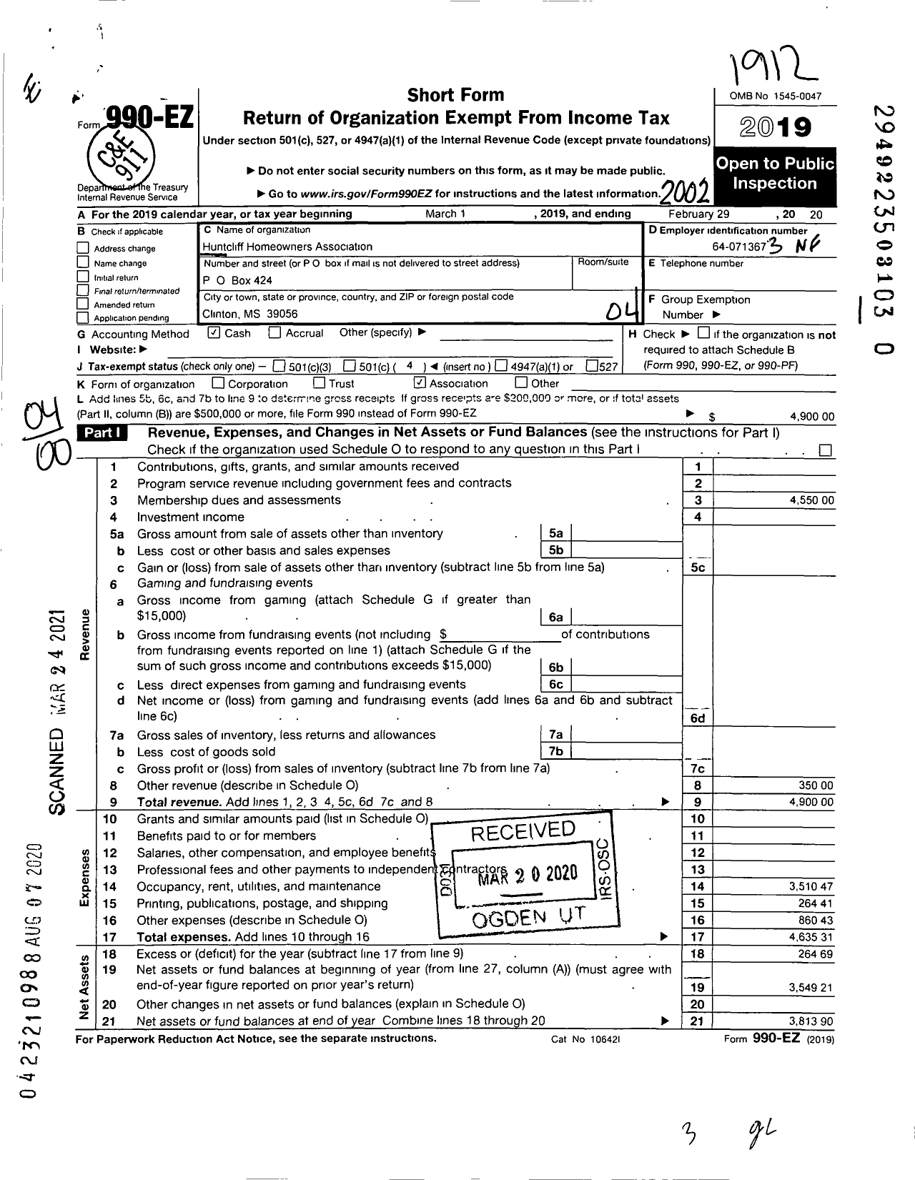 Image of first page of 2019 Form 990EO for Huntcliff Homeowners Association