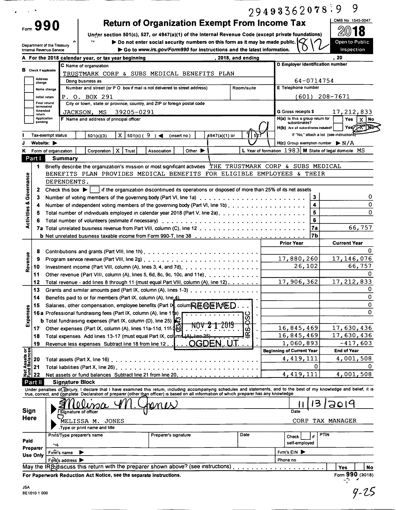 Image of first page of 2018 Form 990O for Trustmark Corp and Subs Medical Benefits Plan