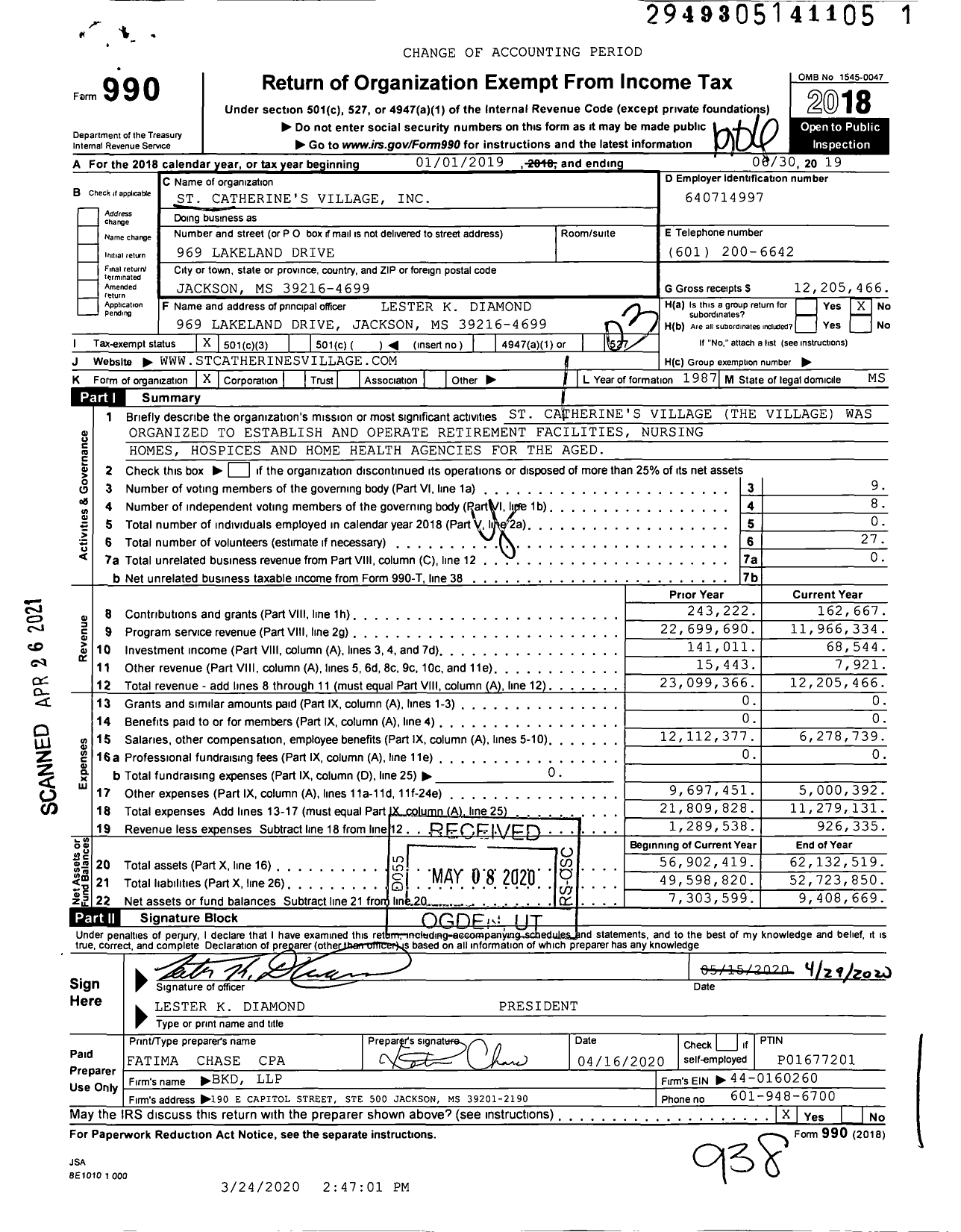 Image of first page of 2018 Form 990 for St Catherine's Village