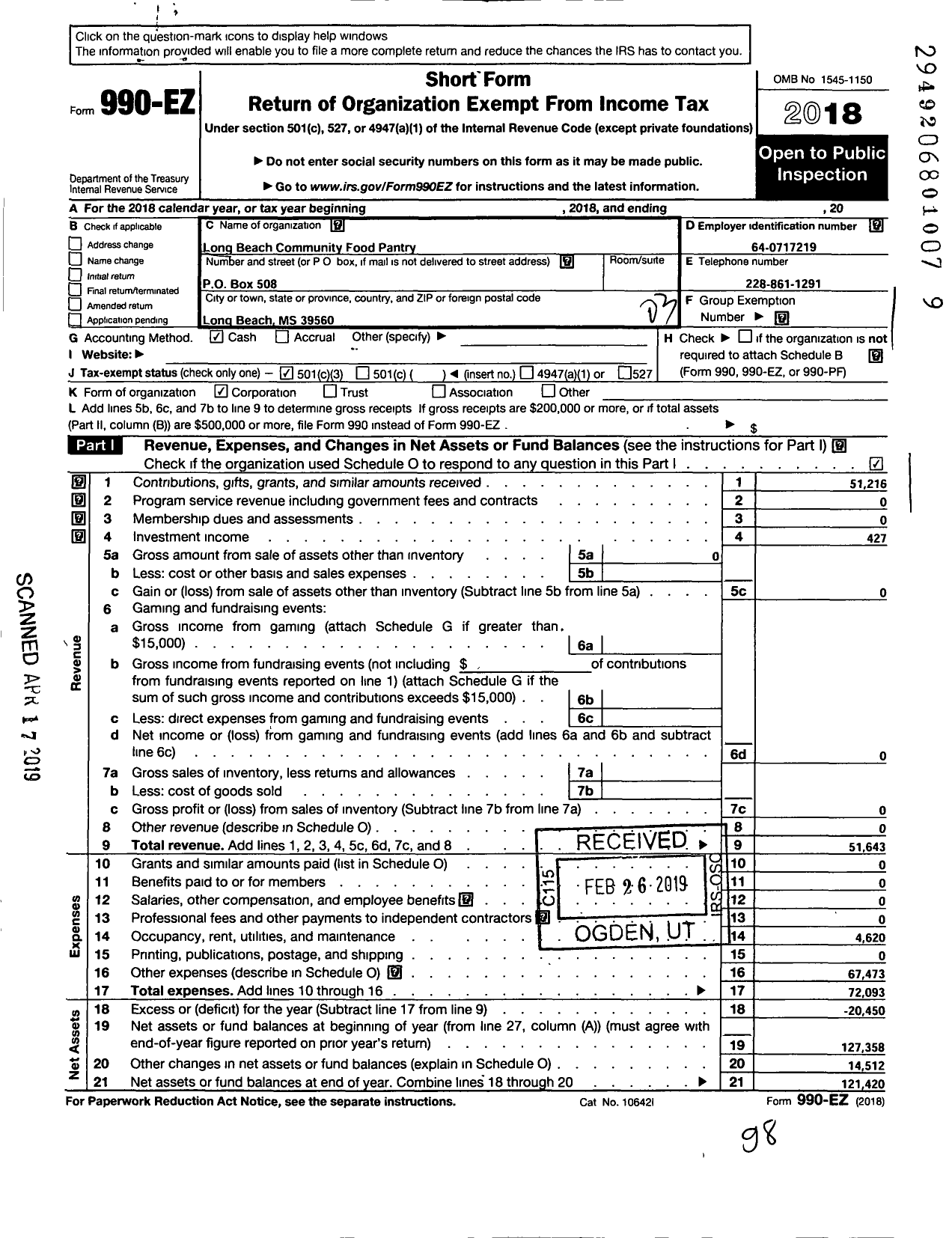 Image of first page of 2018 Form 990EZ for Long Beach Food Pantry