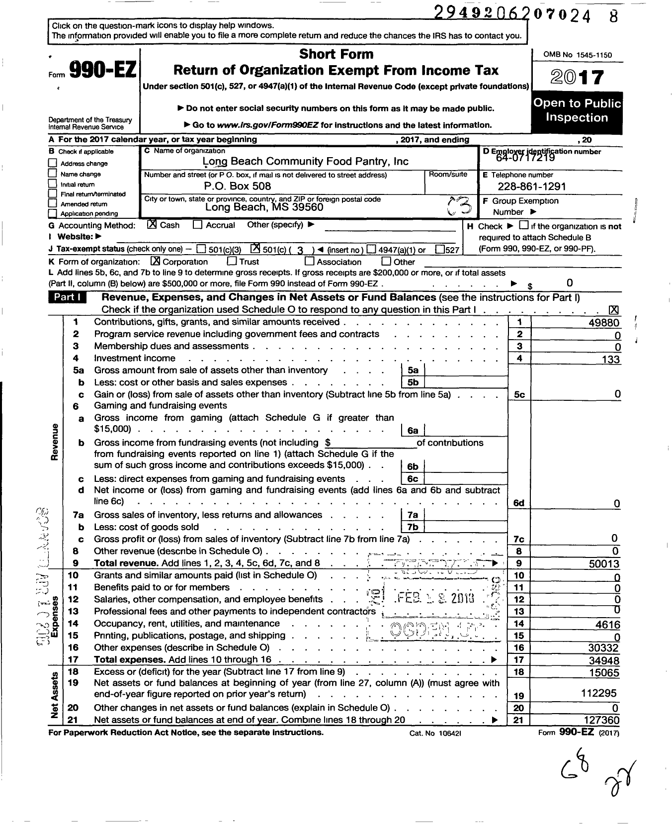 Image of first page of 2017 Form 990EZ for Long Beach Food Pantry