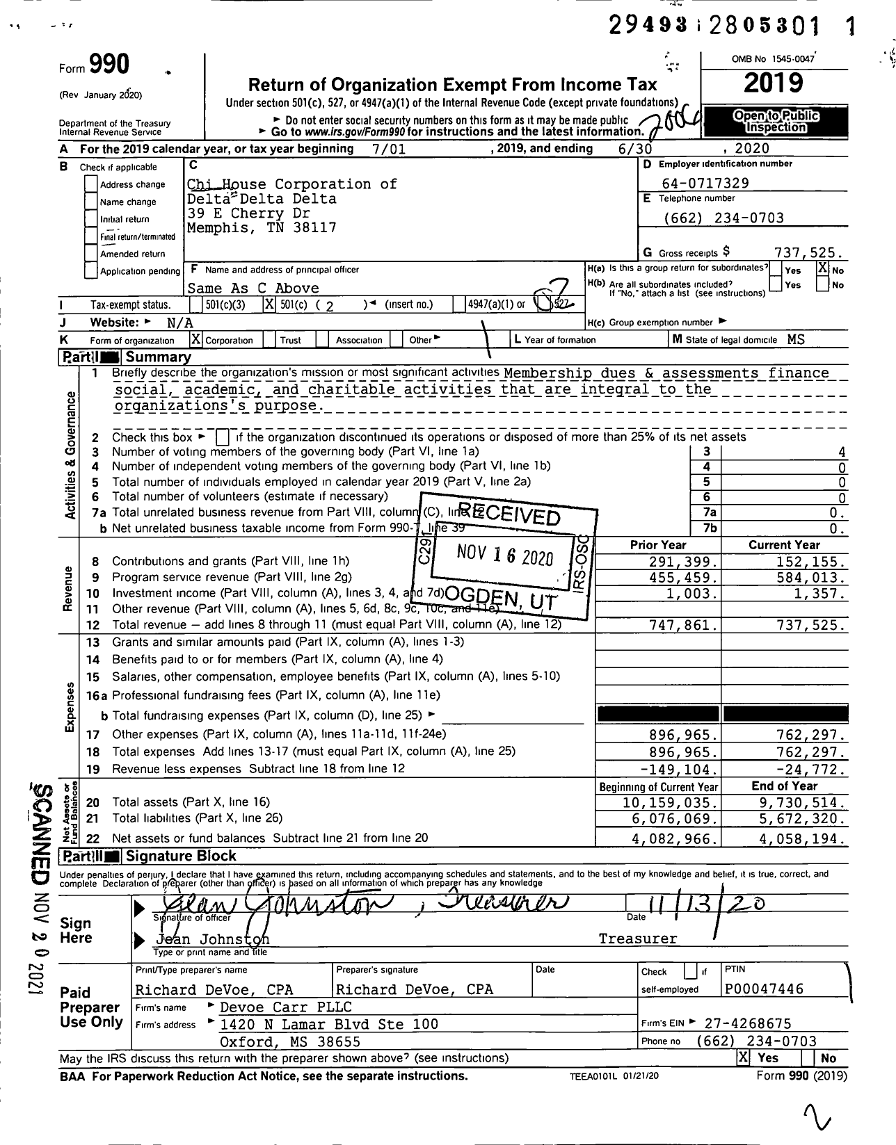 Image of first page of 2019 Form 990O for Chi House Corporation of Delta Delta