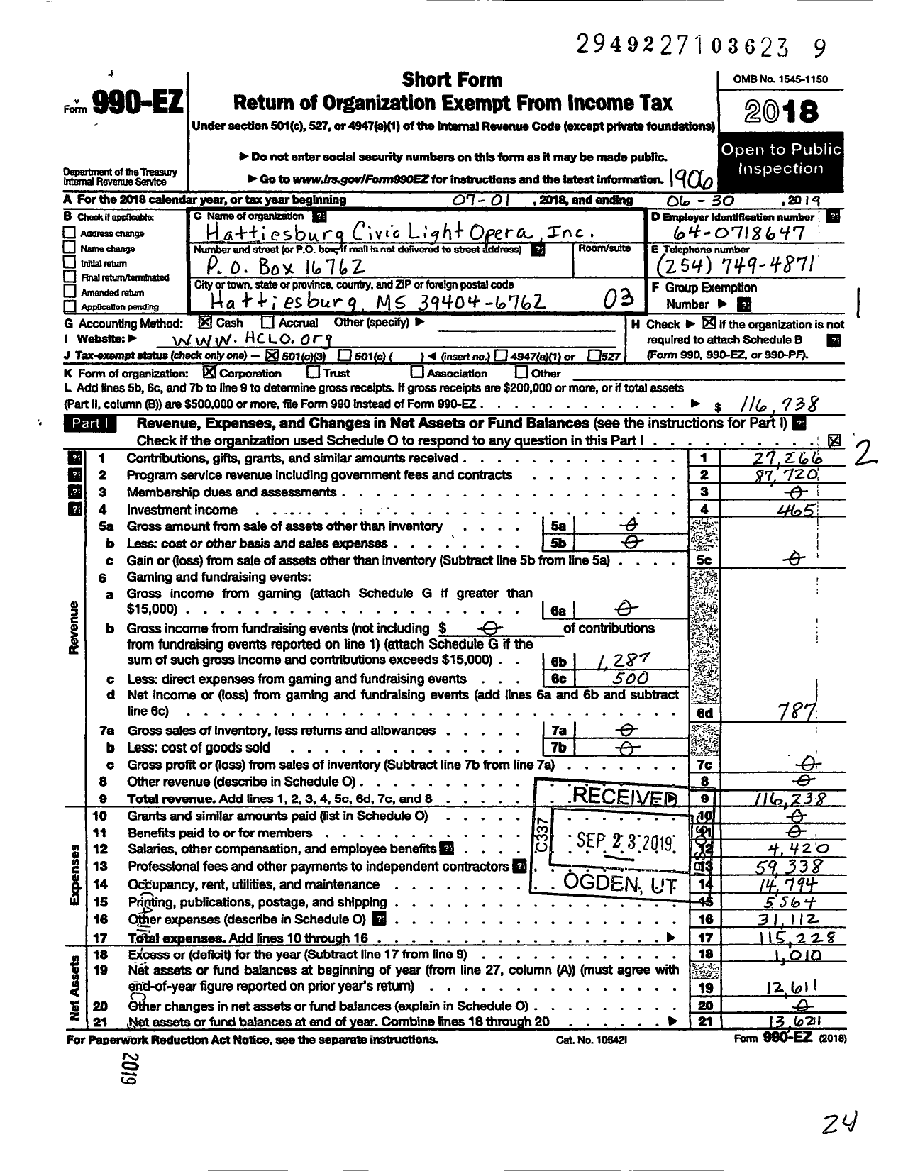 Image of first page of 2018 Form 990EZ for Hattiesburg Civic Light Opera