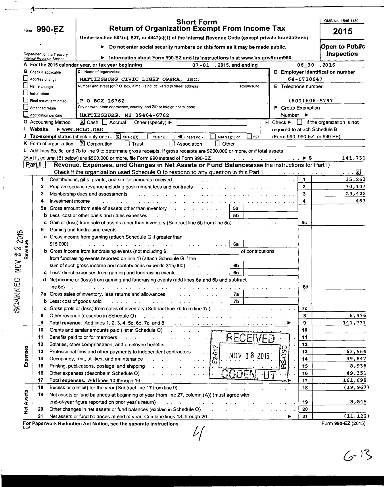 Image of first page of 2015 Form 990EZ for Hattiesburg Civic Light Opera