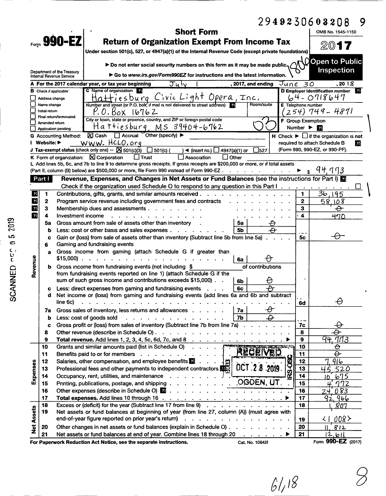 Image of first page of 2017 Form 990EZ for Hattiesburg Civic Light Opera