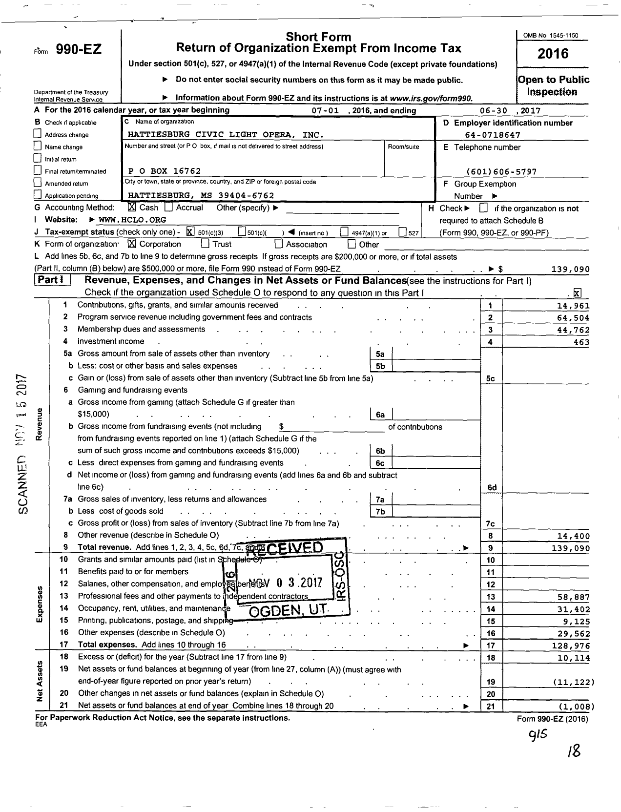 Image of first page of 2016 Form 990EZ for Hattiesburg Civic Light Opera