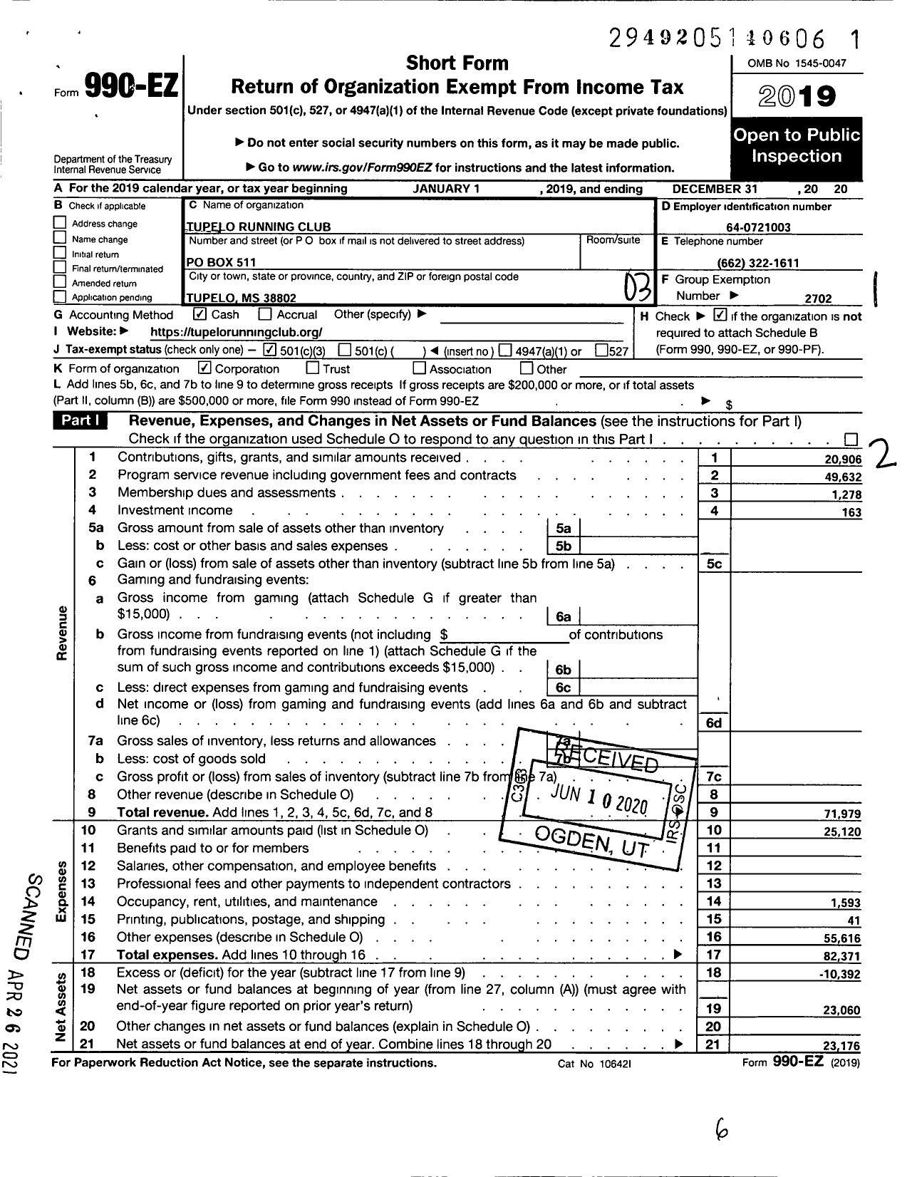 Image of first page of 2020 Form 990EZ for Tupelo Running Club