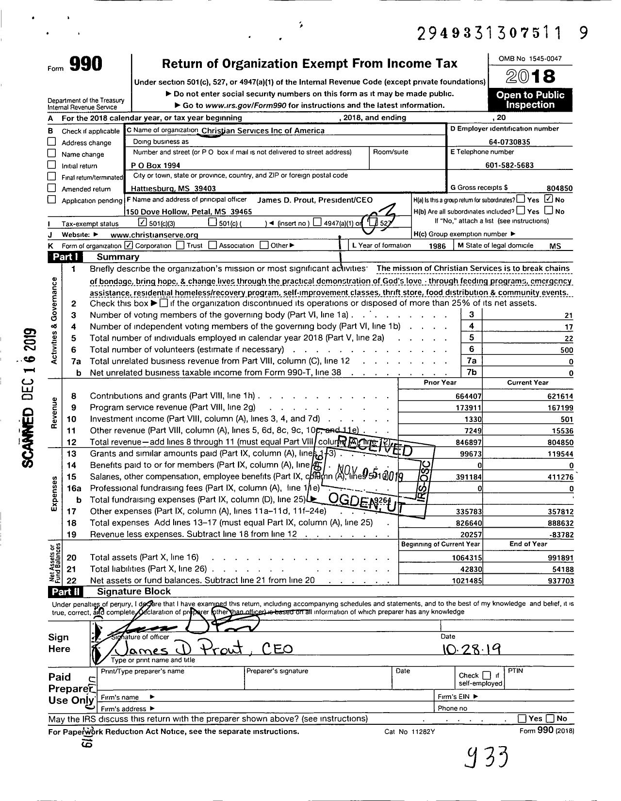 Image of first page of 2018 Form 990 for Christian Services of America