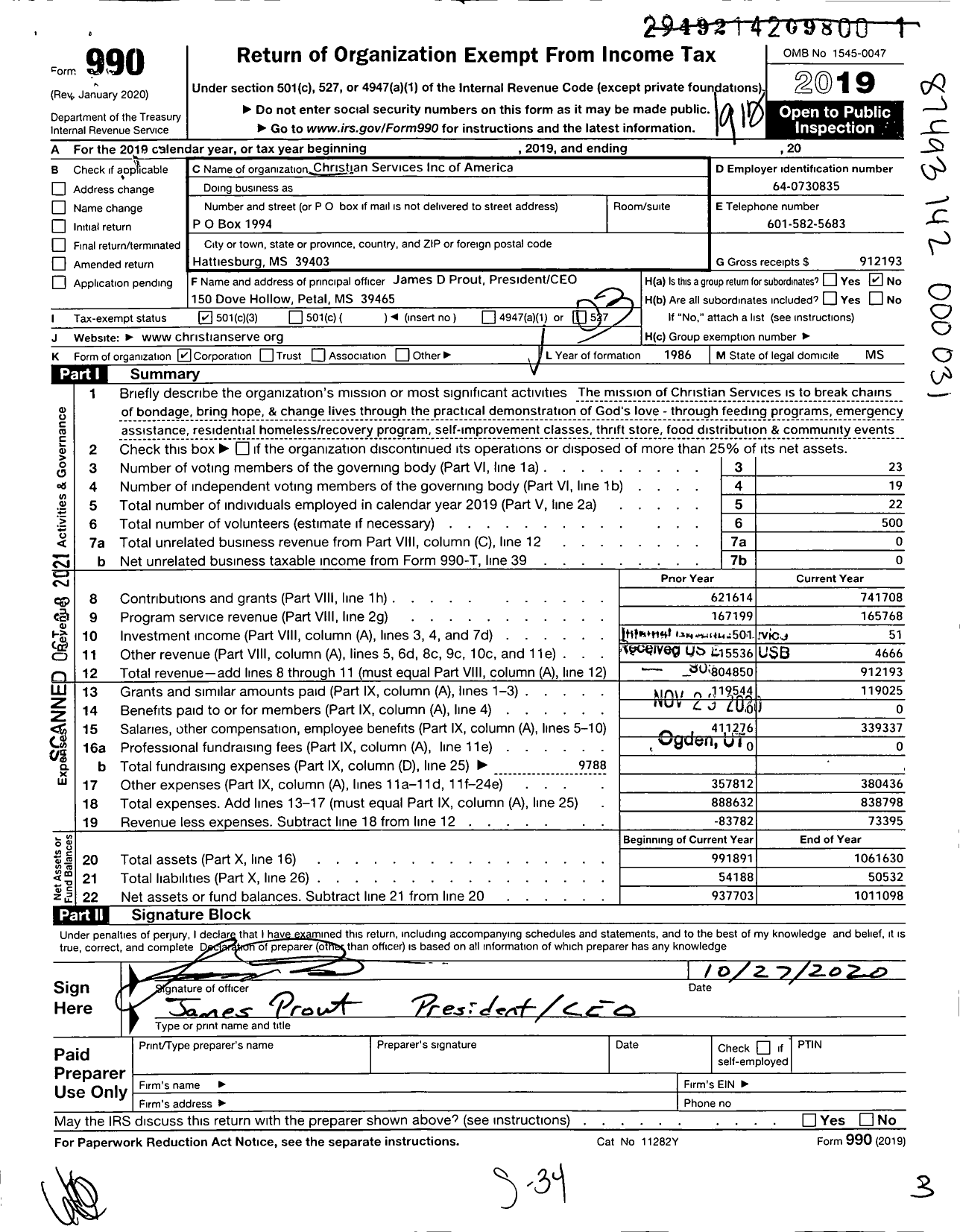 Image of first page of 2019 Form 990 for Christian Services of America