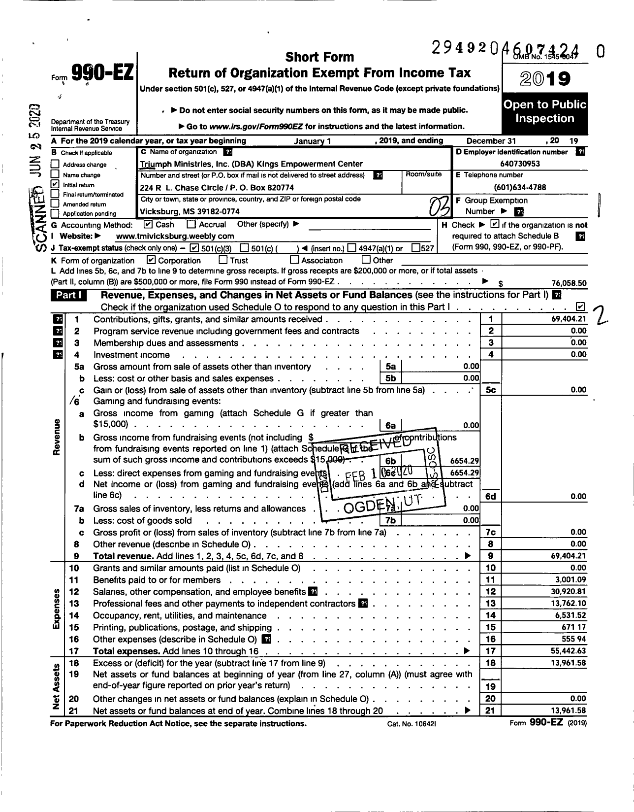 Image of first page of 2019 Form 990EZ for Kings Empowerment Center