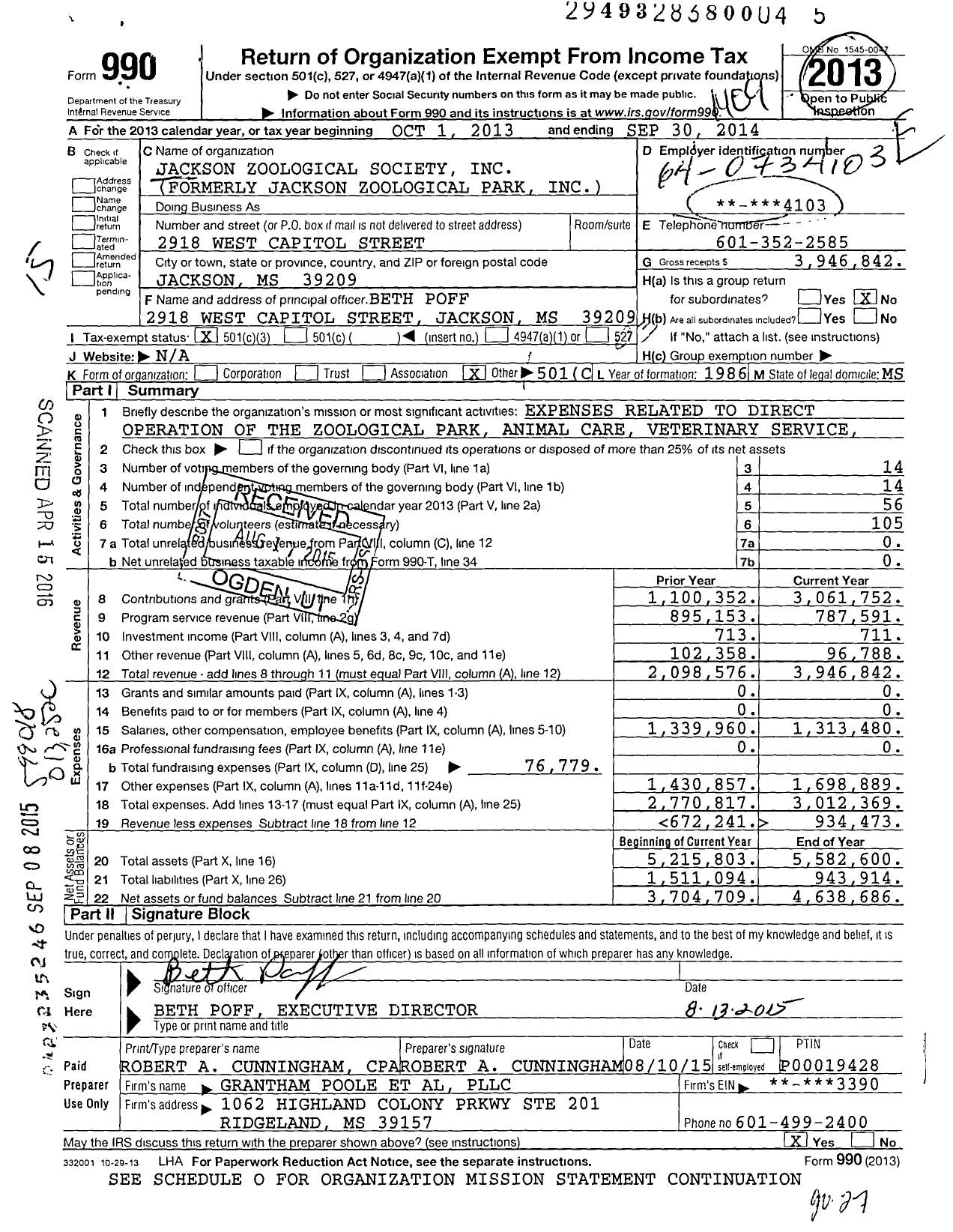 Image of first page of 2013 Form 990 for The Jackson Zoo