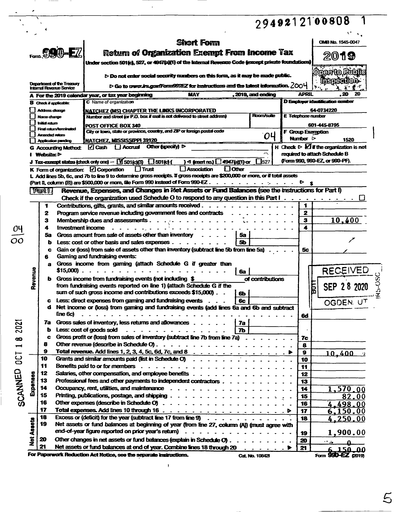 Image of first page of 2019 Form 990EO for Links / Natchez Chapter