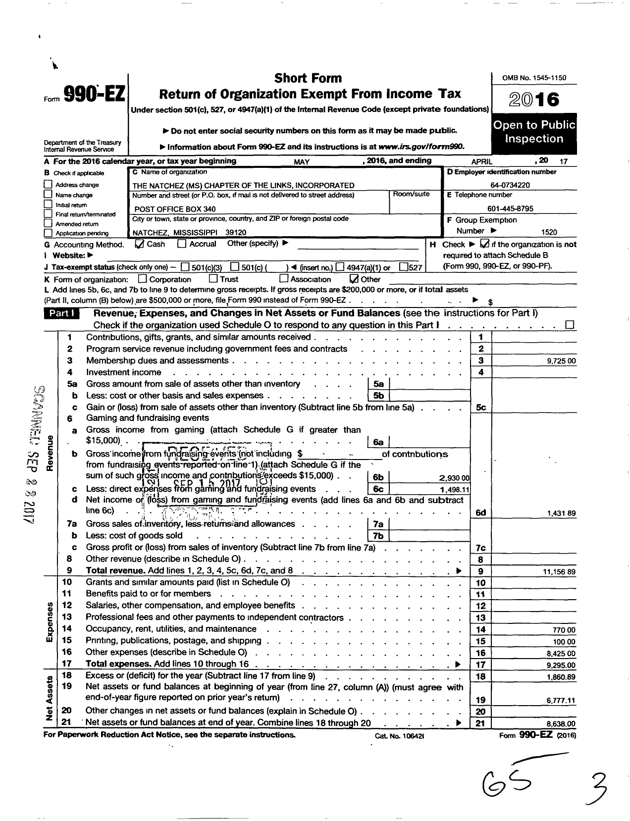 Image of first page of 2016 Form 990EO for Links / Natchez Chapter