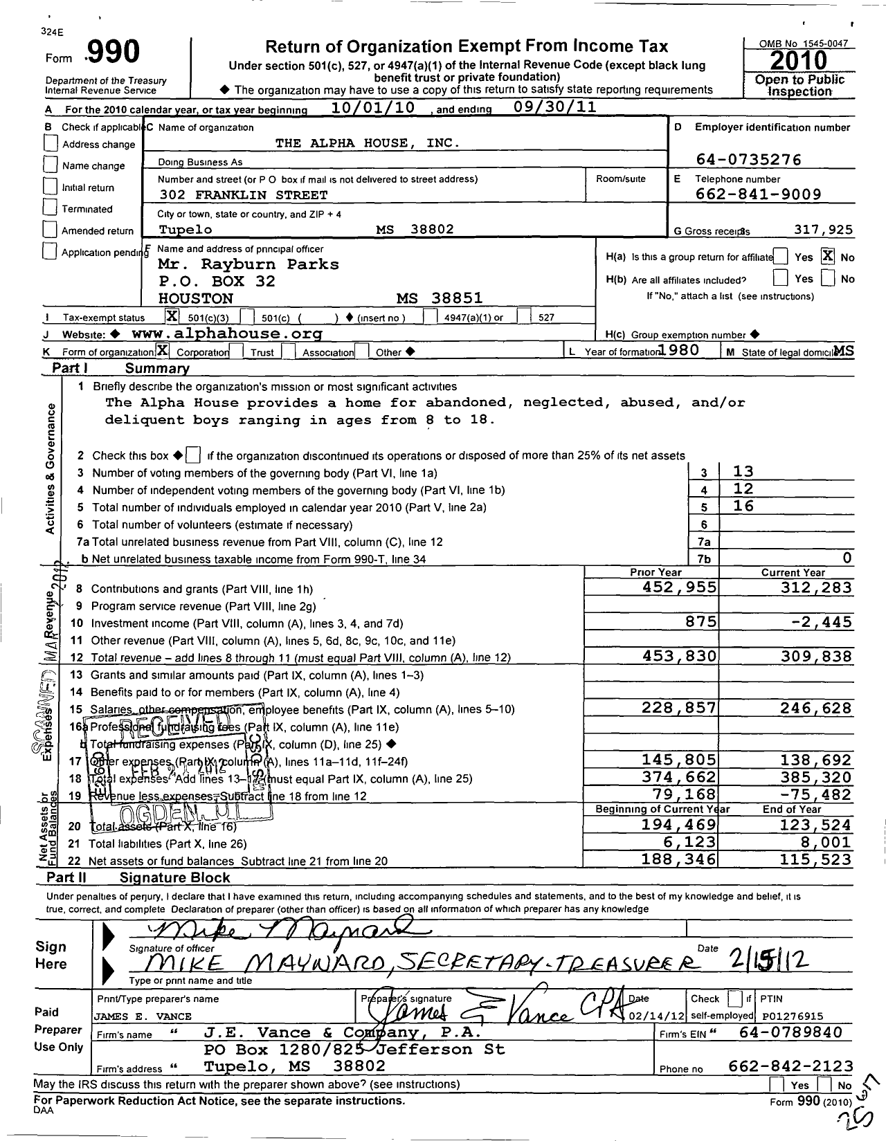 Image of first page of 2010 Form 990 for Alpha House