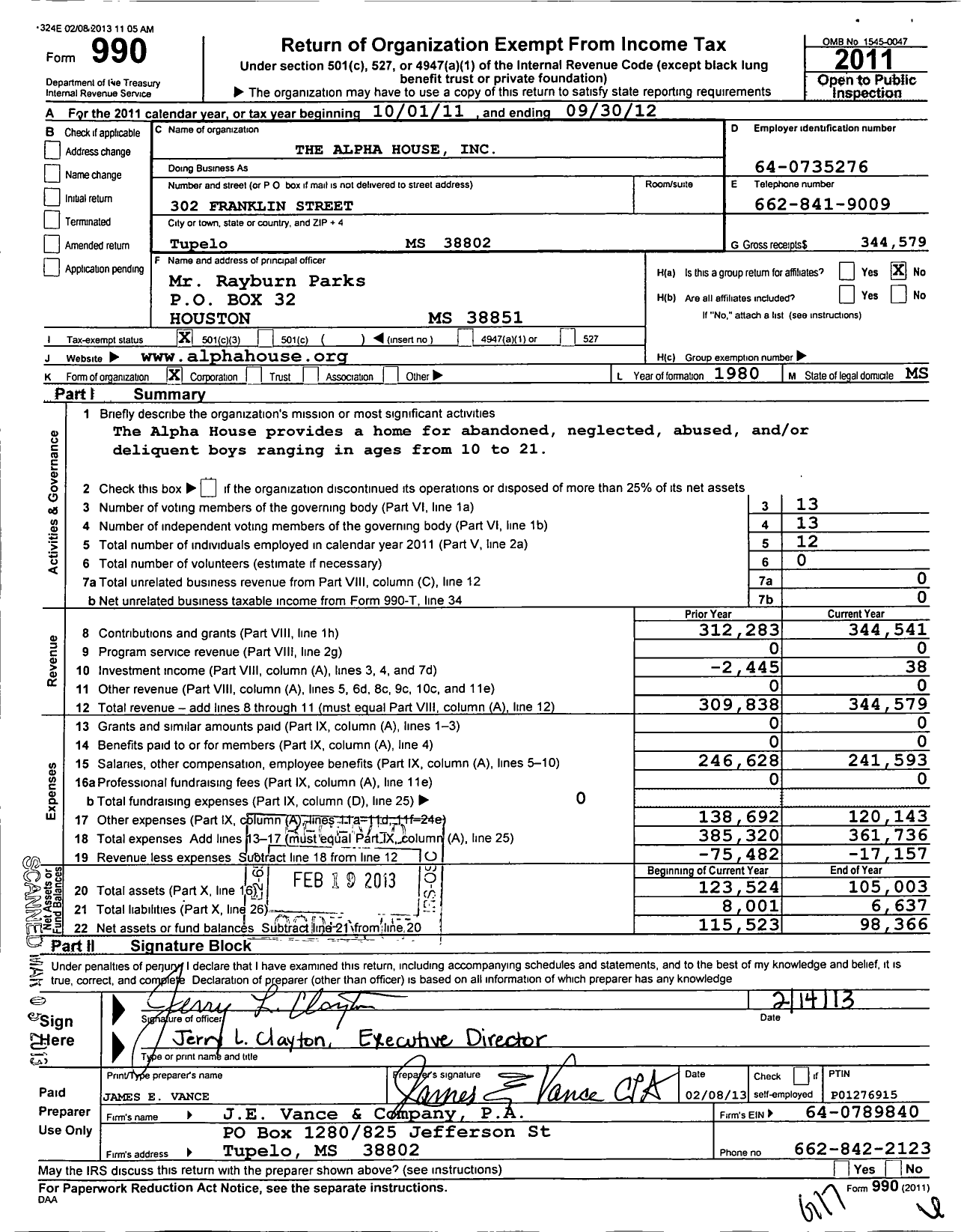 Image of first page of 2011 Form 990 for Alpha House