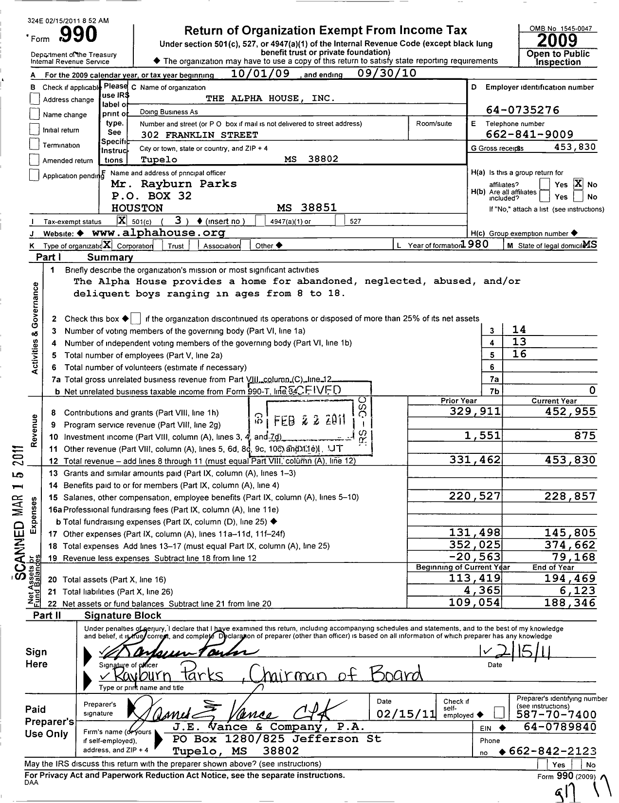Image of first page of 2009 Form 990 for Alpha House