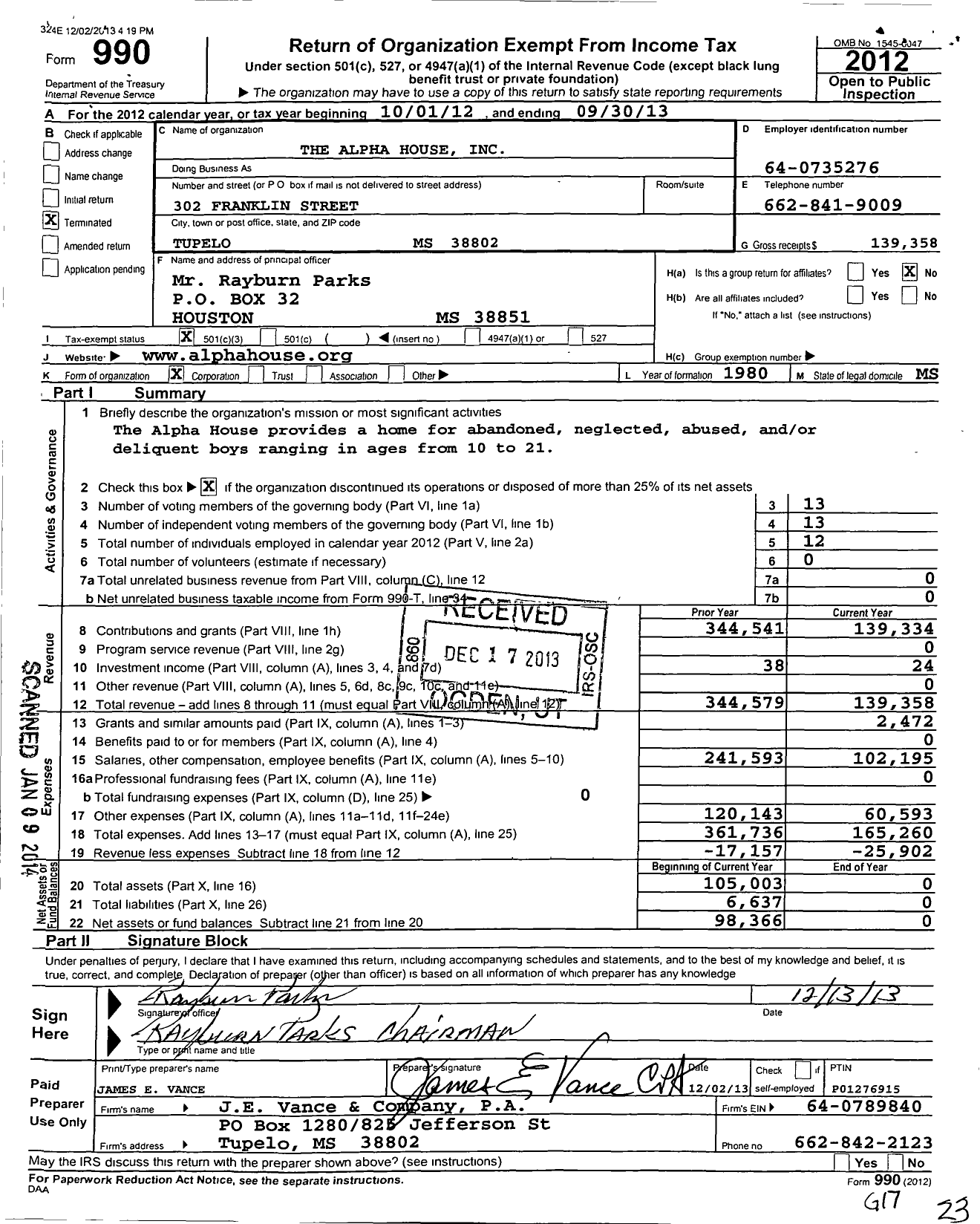 Image of first page of 2012 Form 990 for Alpha House