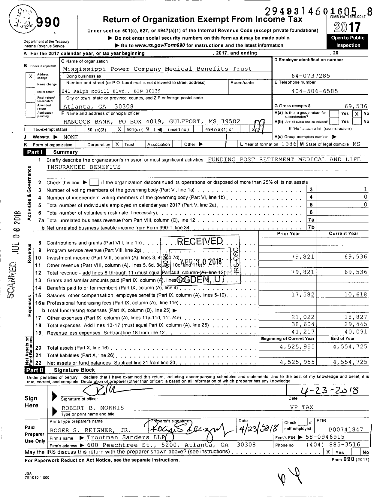 Image of first page of 2017 Form 990O for Mississippi Power Company Medical Benefits Trust