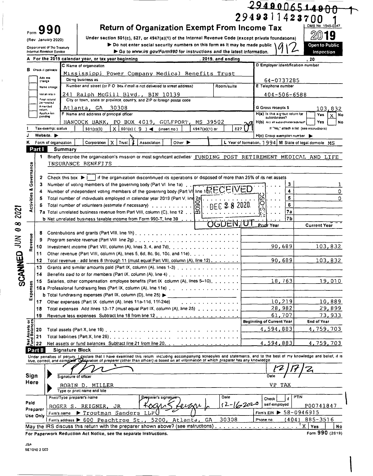 Image of first page of 2019 Form 990O for Mississippi Power Company Medical Benefits Trust