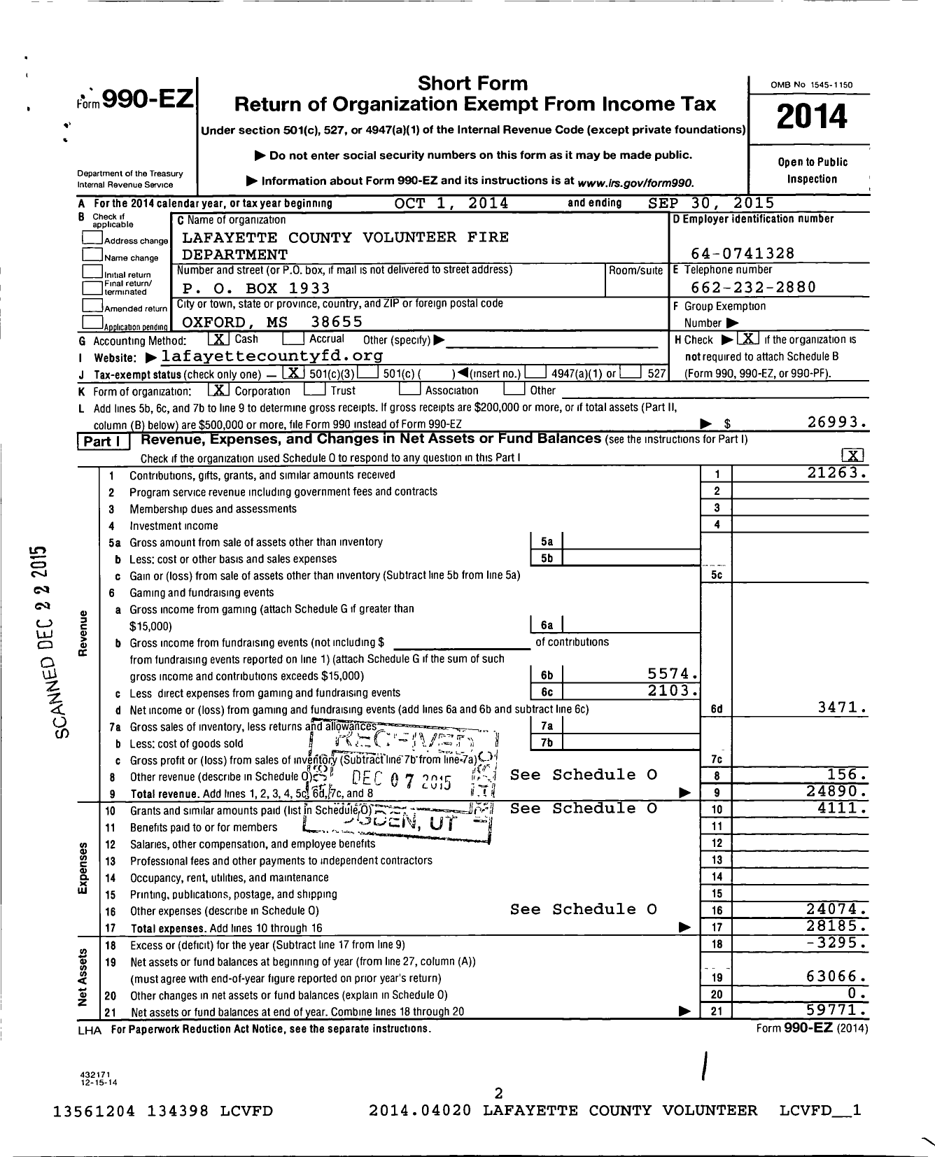 Image of first page of 2014 Form 990EZ for Lafayette County Volunteer Fire Department