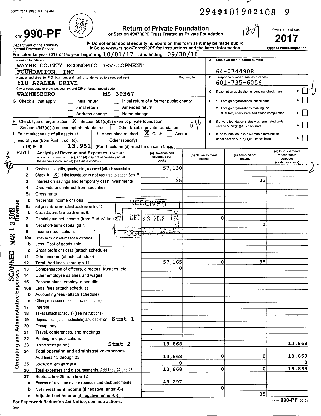 Image of first page of 2017 Form 990PF for Wayne County Economic Development Foundation