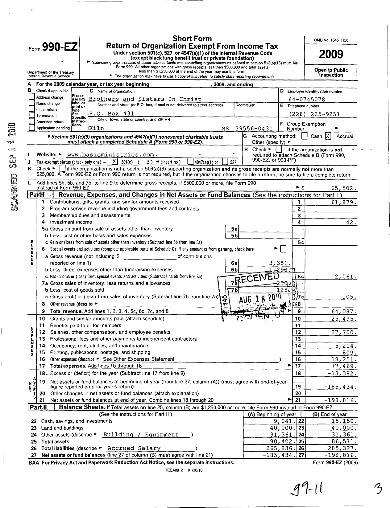 Image of first page of 2009 Form 990EZ for Brothers and Sisters in Christ