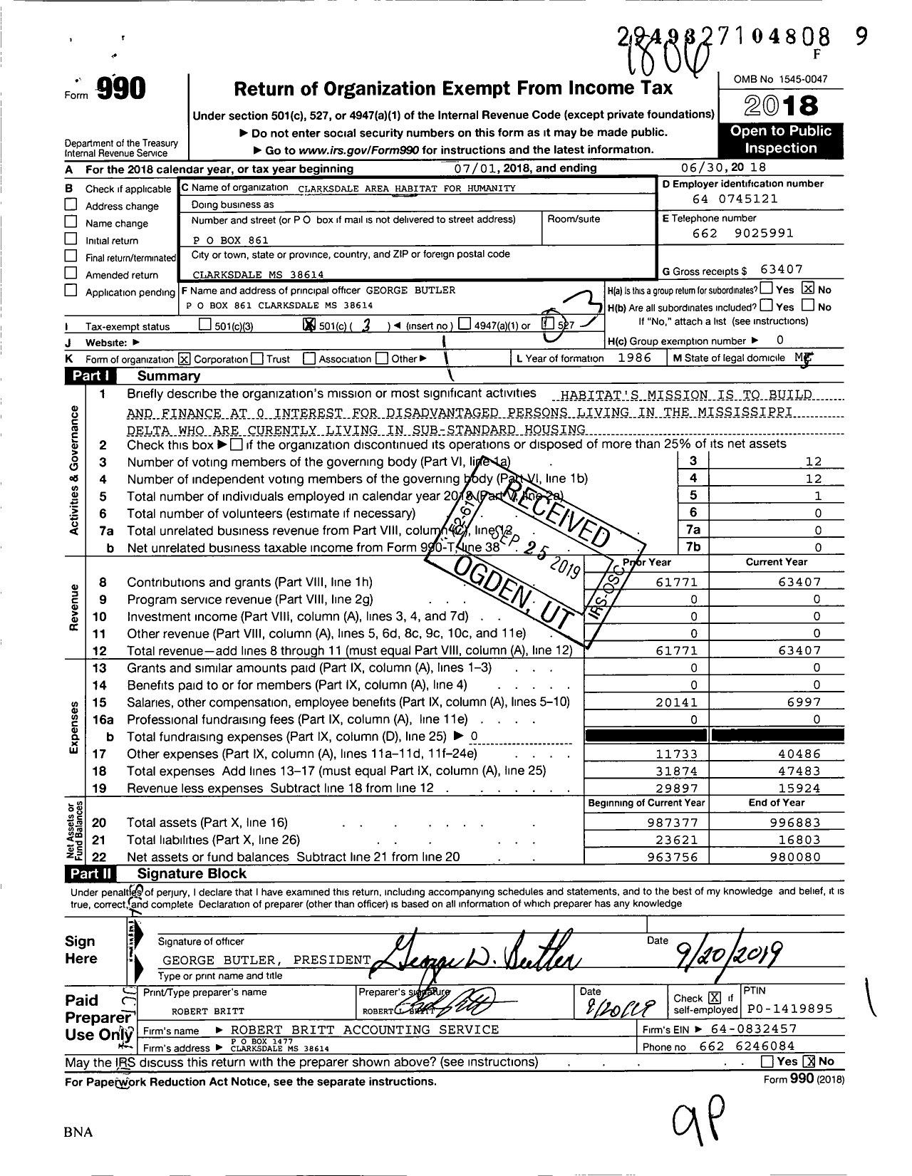 Image of first page of 2017 Form 990 for The Fuller Center for Housing / Clarksdale Area HFH Inc