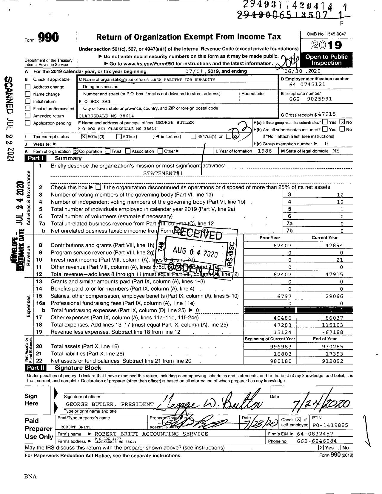 Image of first page of 2019 Form 990 for The Fuller Center for Housing / Clarksdale Area HFH Inc