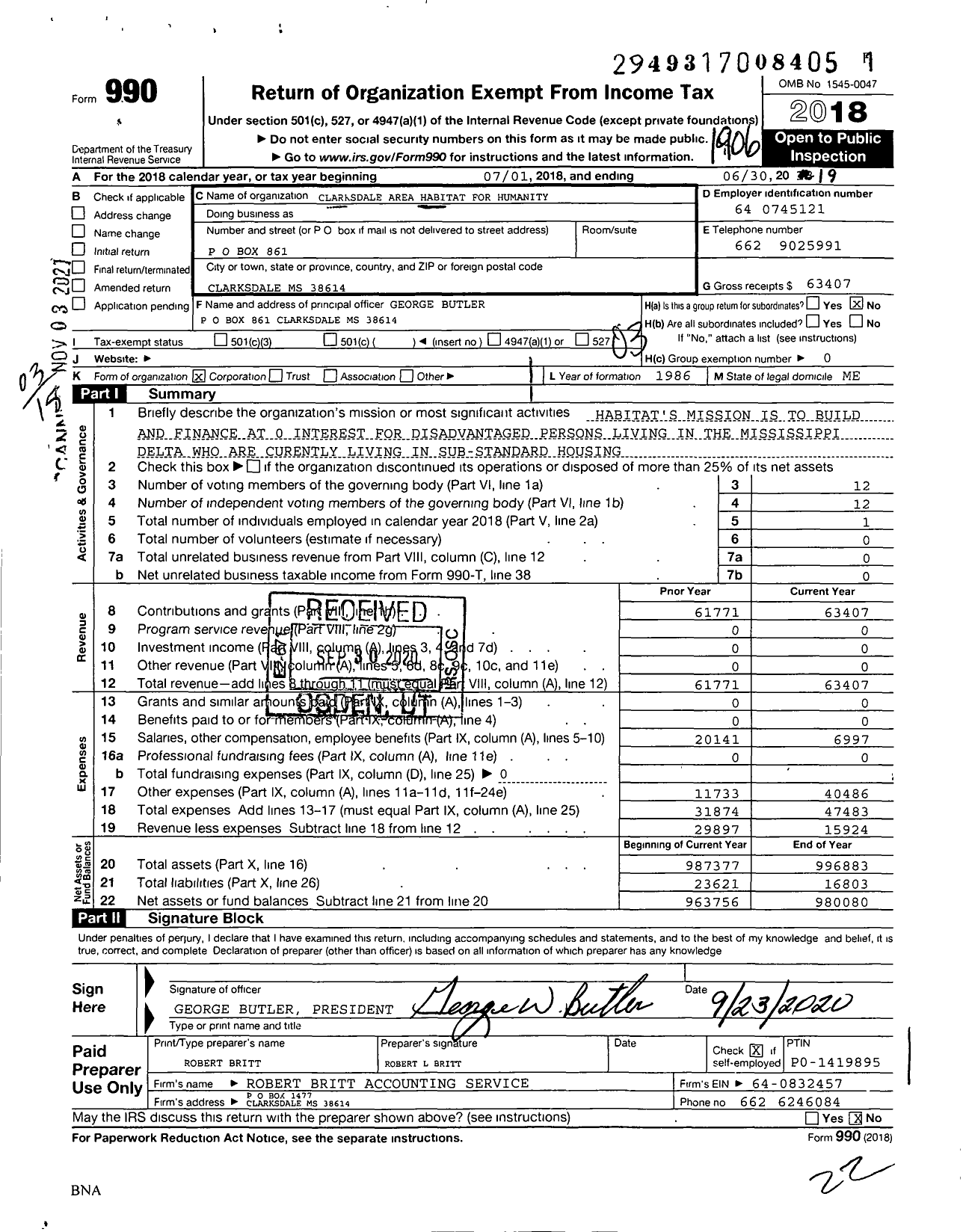 Image of first page of 2018 Form 990 for The Fuller Center for Housing / Clarksdale Area HFH Inc