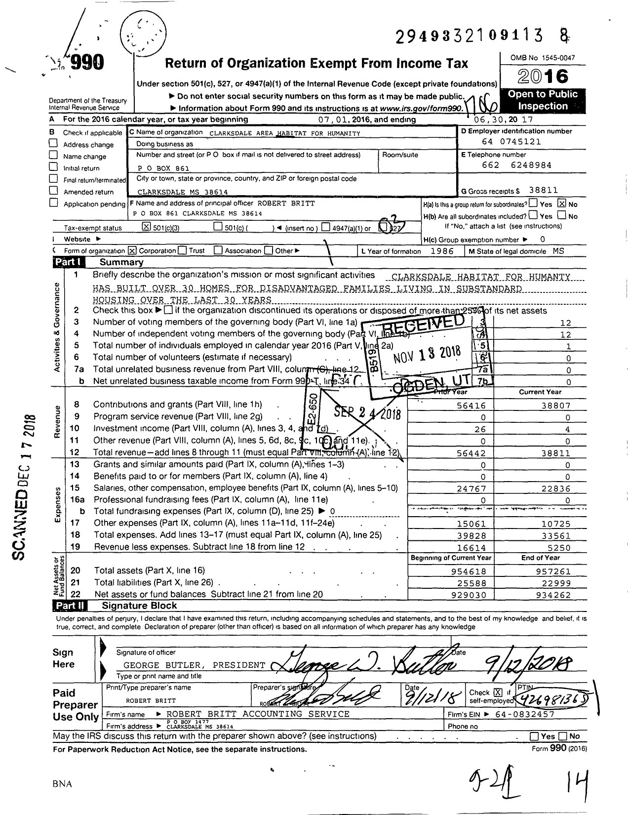 Image of first page of 2016 Form 990 for The Fuller Center for Housing / Clarksdale Area HFH Inc