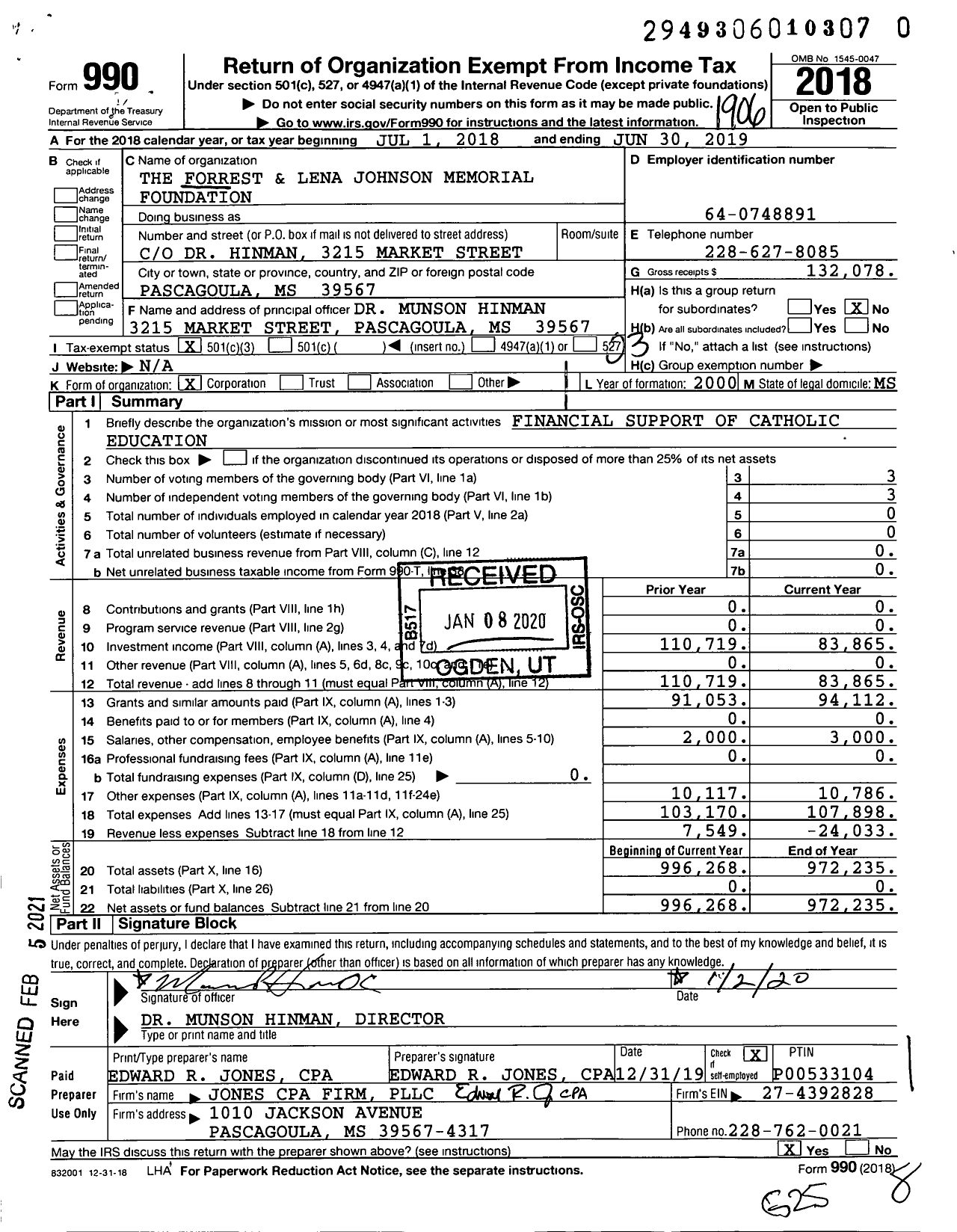 Image of first page of 2018 Form 990 for The Forrest and Lena Johnson Memorial Foundation