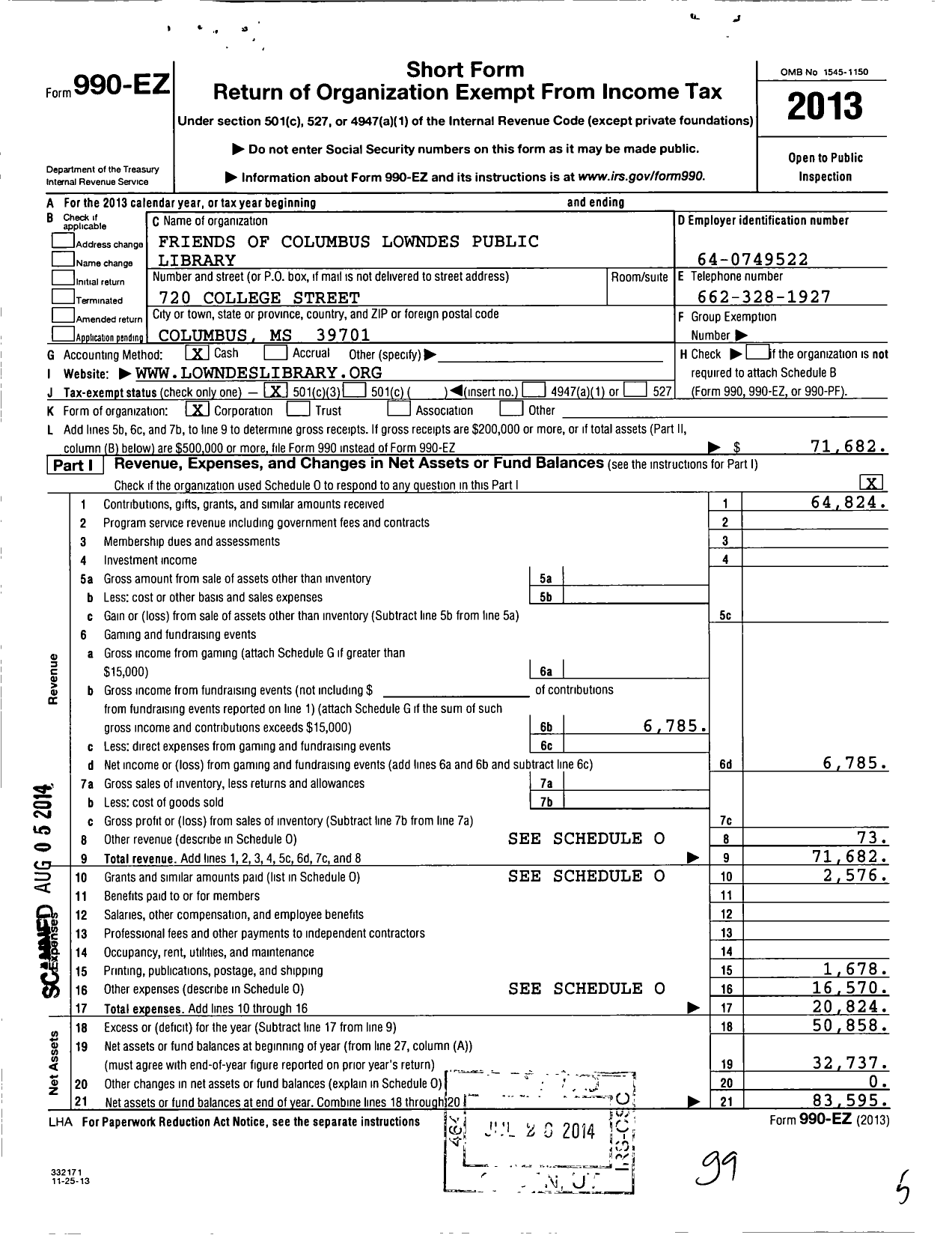 Image of first page of 2013 Form 990EZ for Friends of Mississippi Libraries / Friends of the Columbus Lowndes Cou