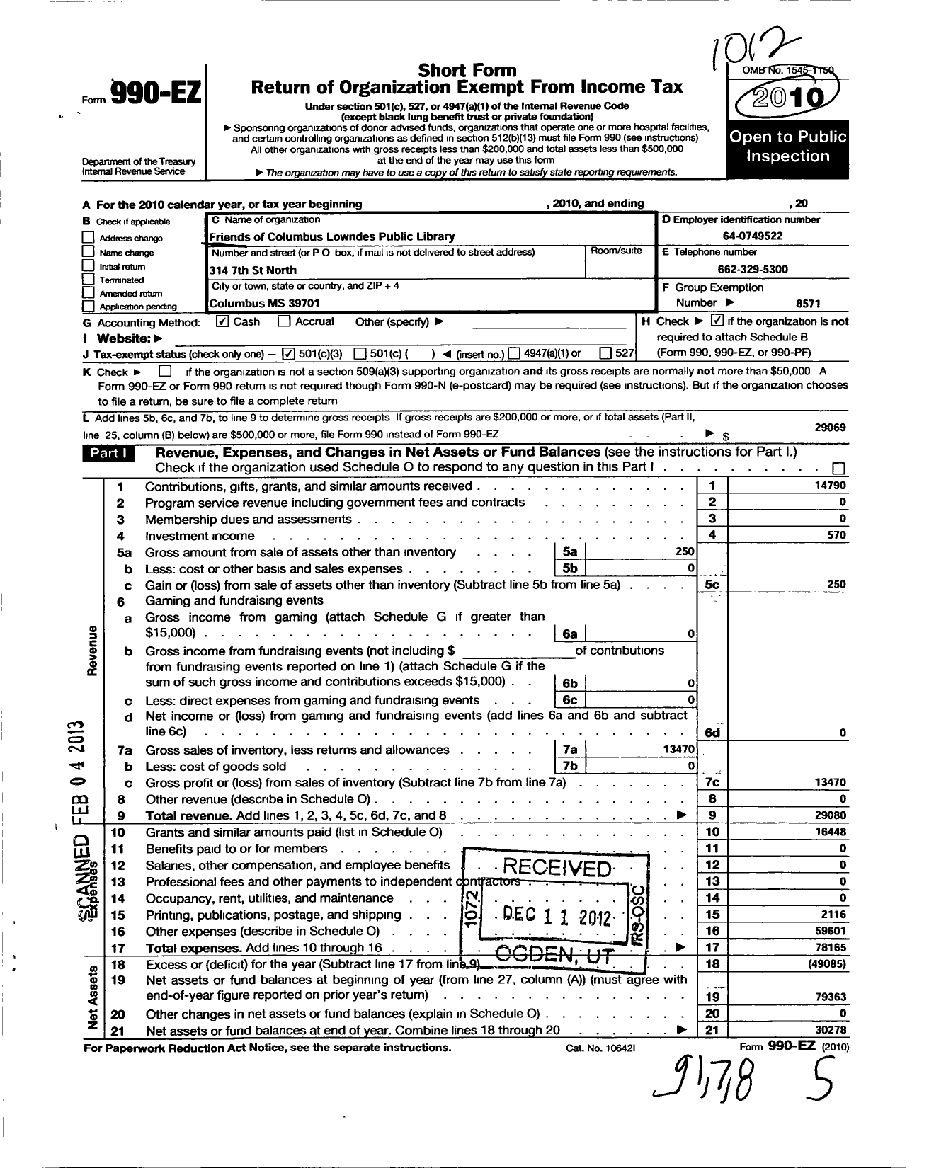 Image of first page of 2010 Form 990EZ for Friends of Mississippi Libraries / Friends of the Columbus Lowndes Cou