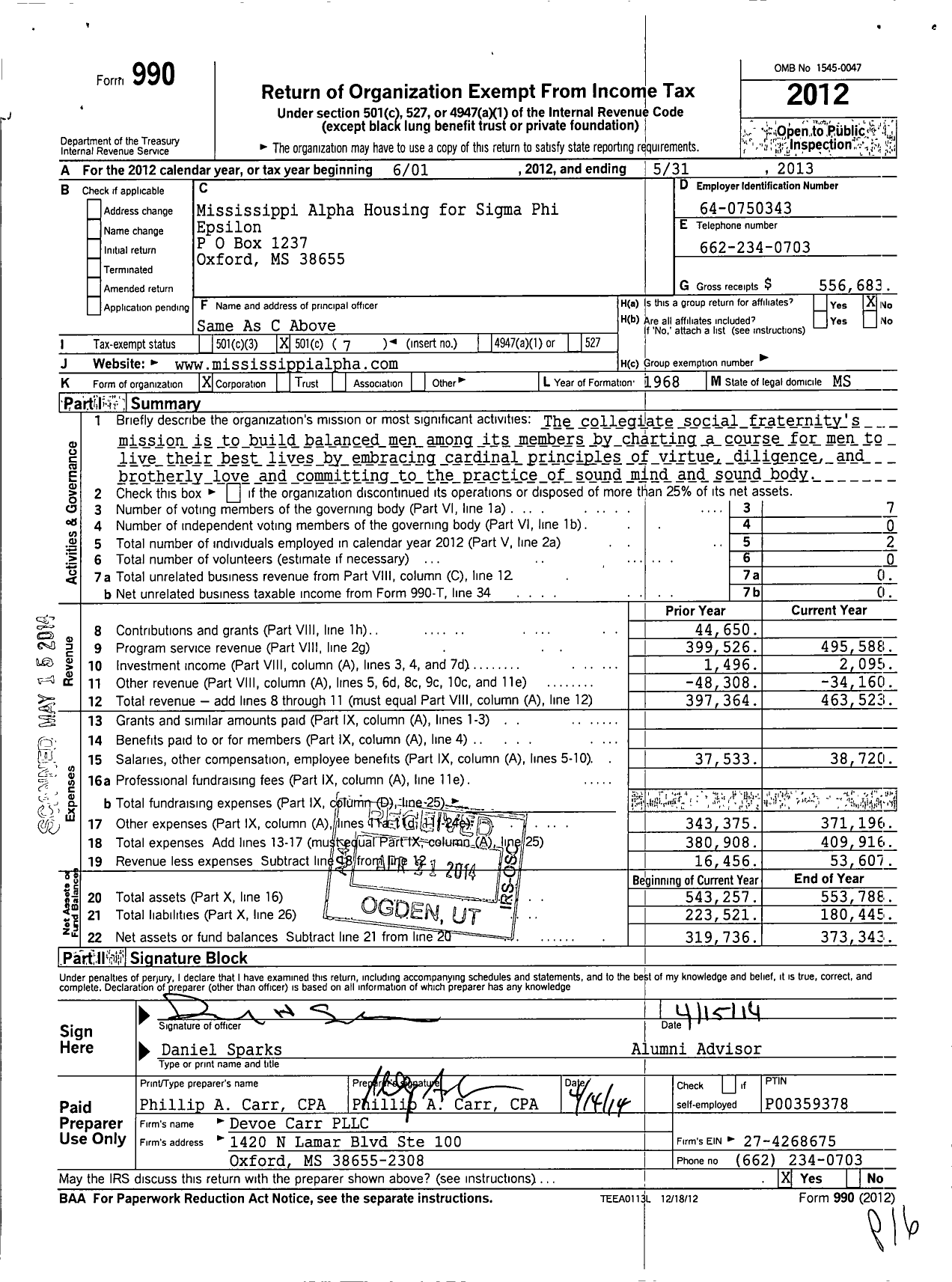 Image of first page of 2012 Form 990O for Mississippi Alpha Housing Corporation of Sigma Phi Epsilon F