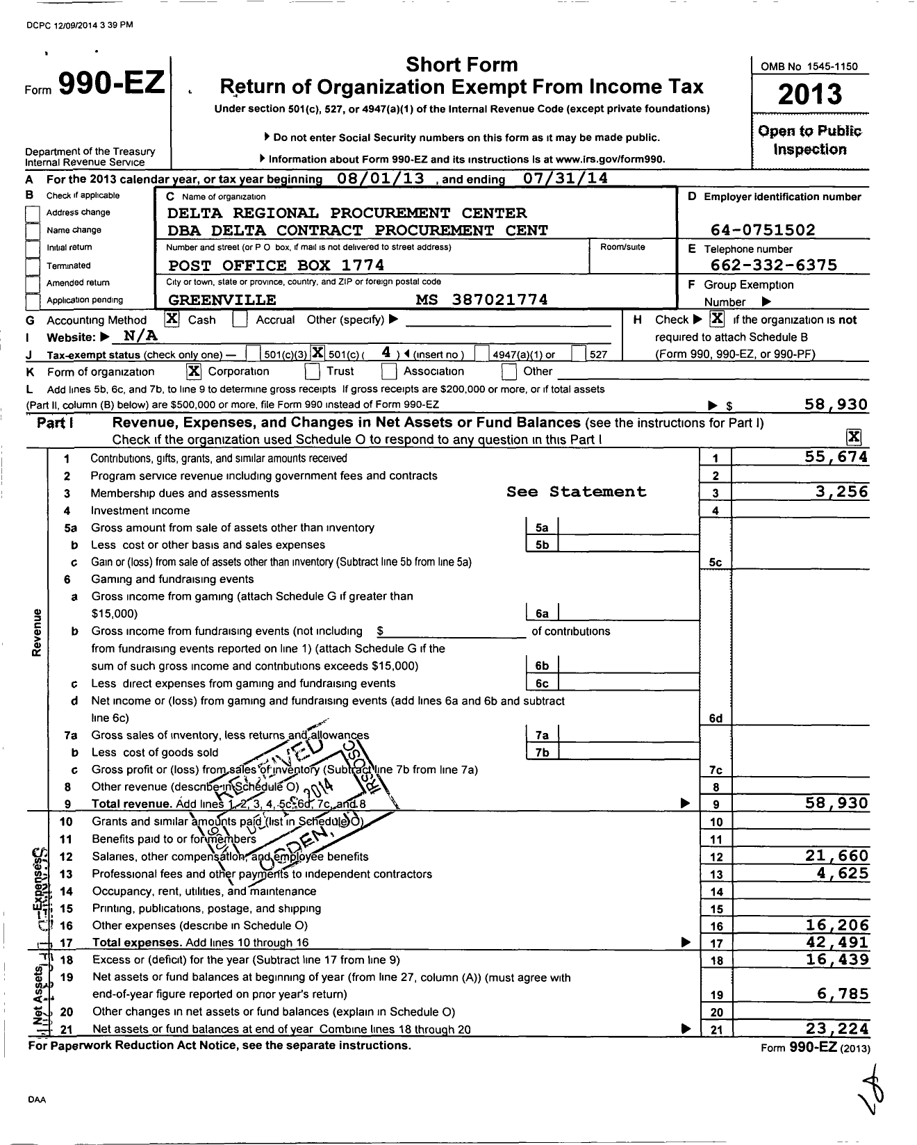 Image of first page of 2013 Form 990EO for Delta Contract Procurement Cent