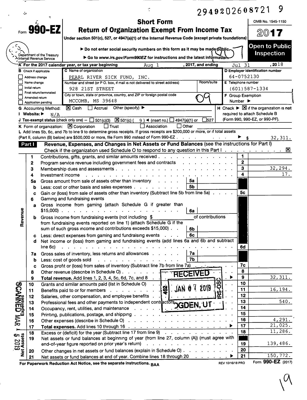 Image of first page of 2017 Form 990EO for Pearl River Sick Fund