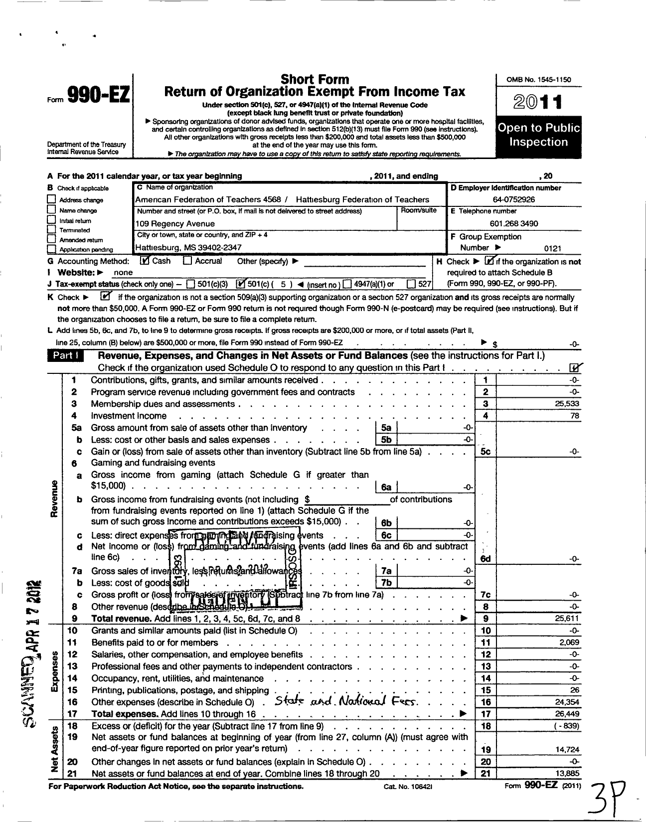 Image of first page of 2011 Form 990EO for American Federation of Teachers - 4568 Hattiesburg Fed of Teachers