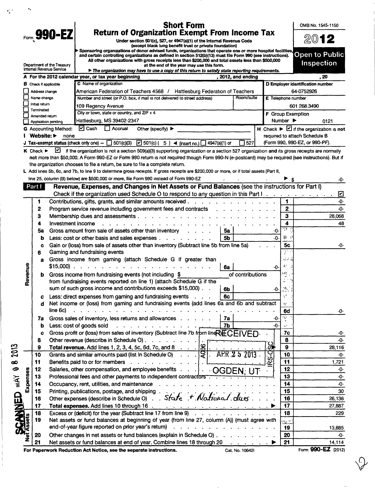 Image of first page of 2012 Form 990EO for American Federation of Teachers - 4568 Hattiesburg Fed of Teachers