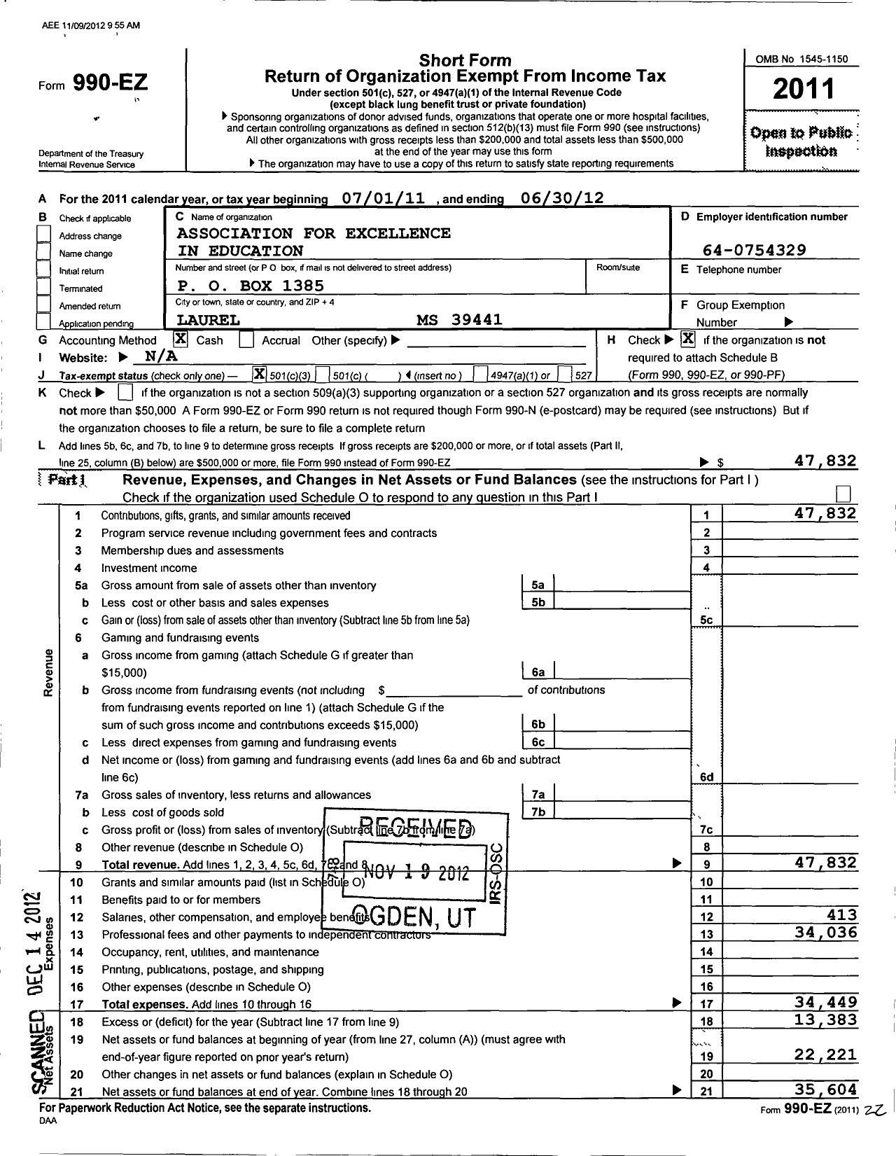 Image of first page of 2011 Form 990EZ for Association for Excellence in Education