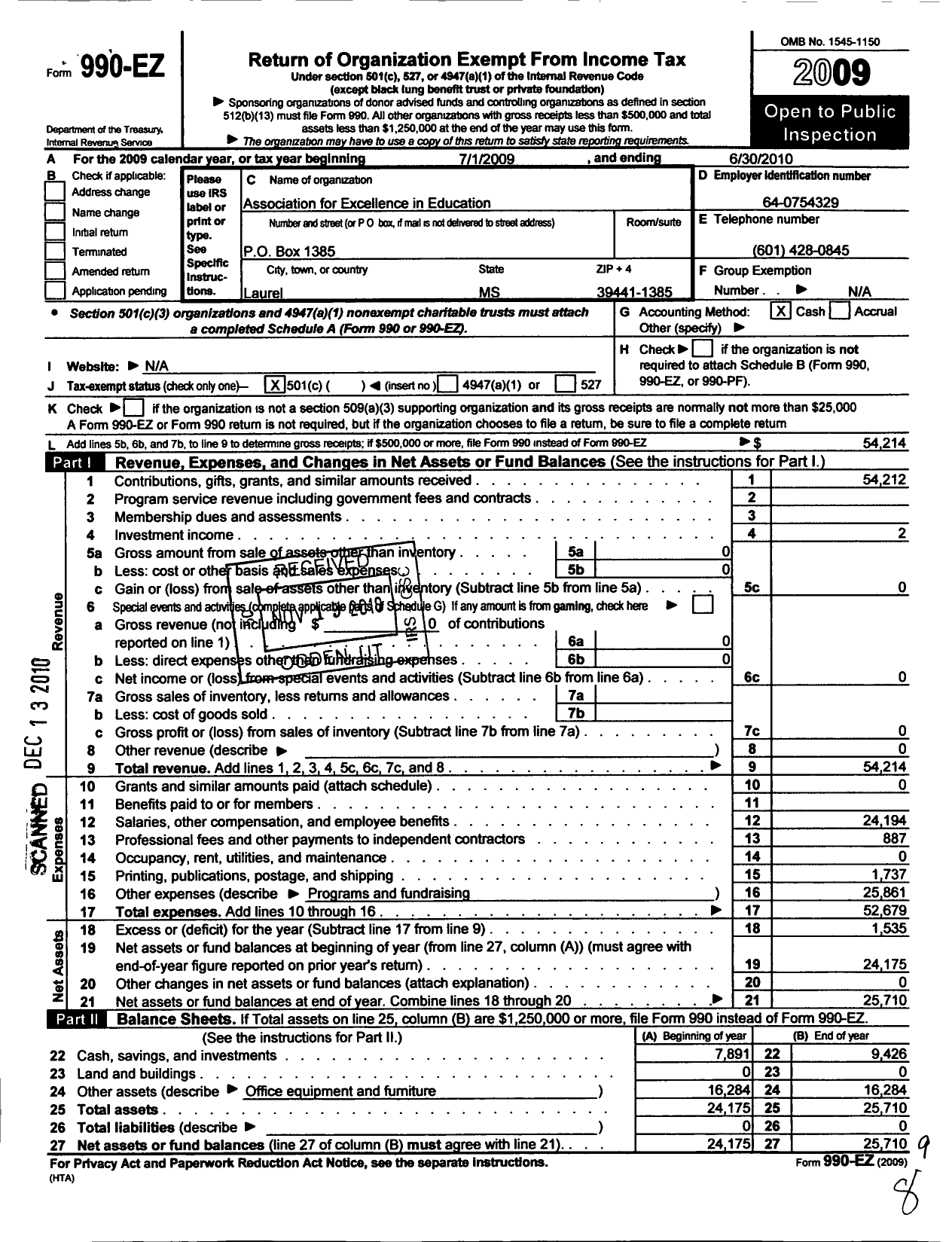 Image of first page of 2009 Form 990EO for Association for Excellence in Education