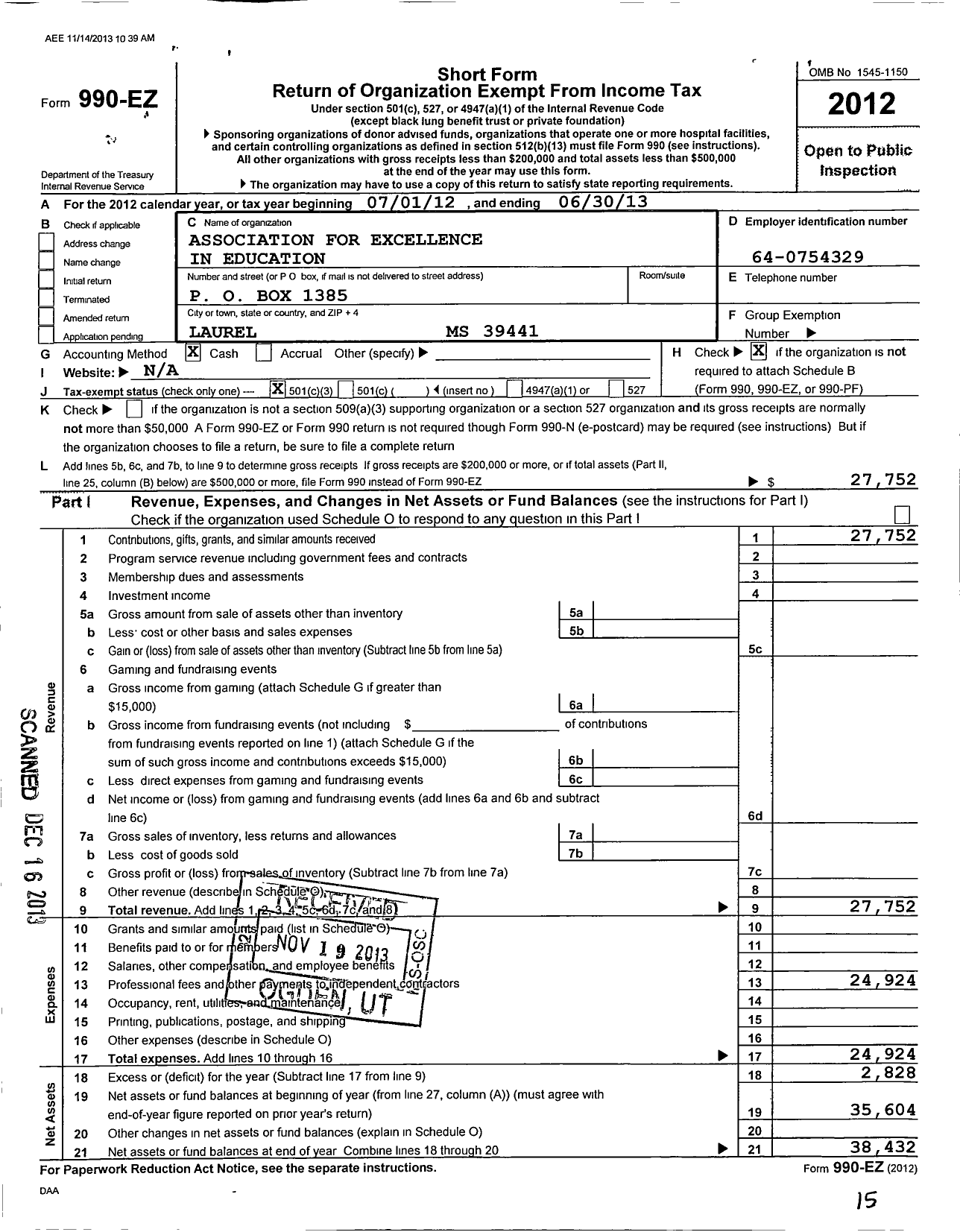 Image of first page of 2012 Form 990EZ for Association for Excellence in Education